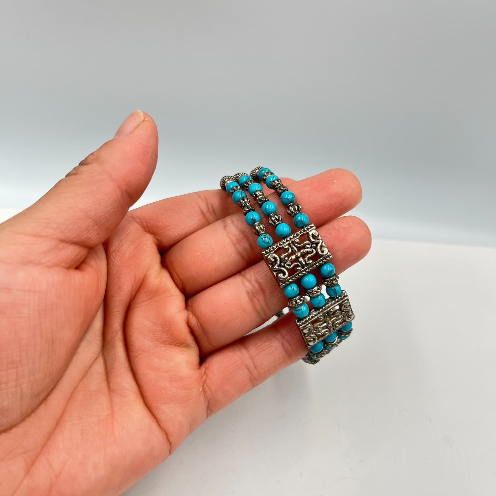 Vintage Boho Silver Tone Faux Turquoise 3-Row Beaded Filigree Panel Bracelet - Thumbnail 4