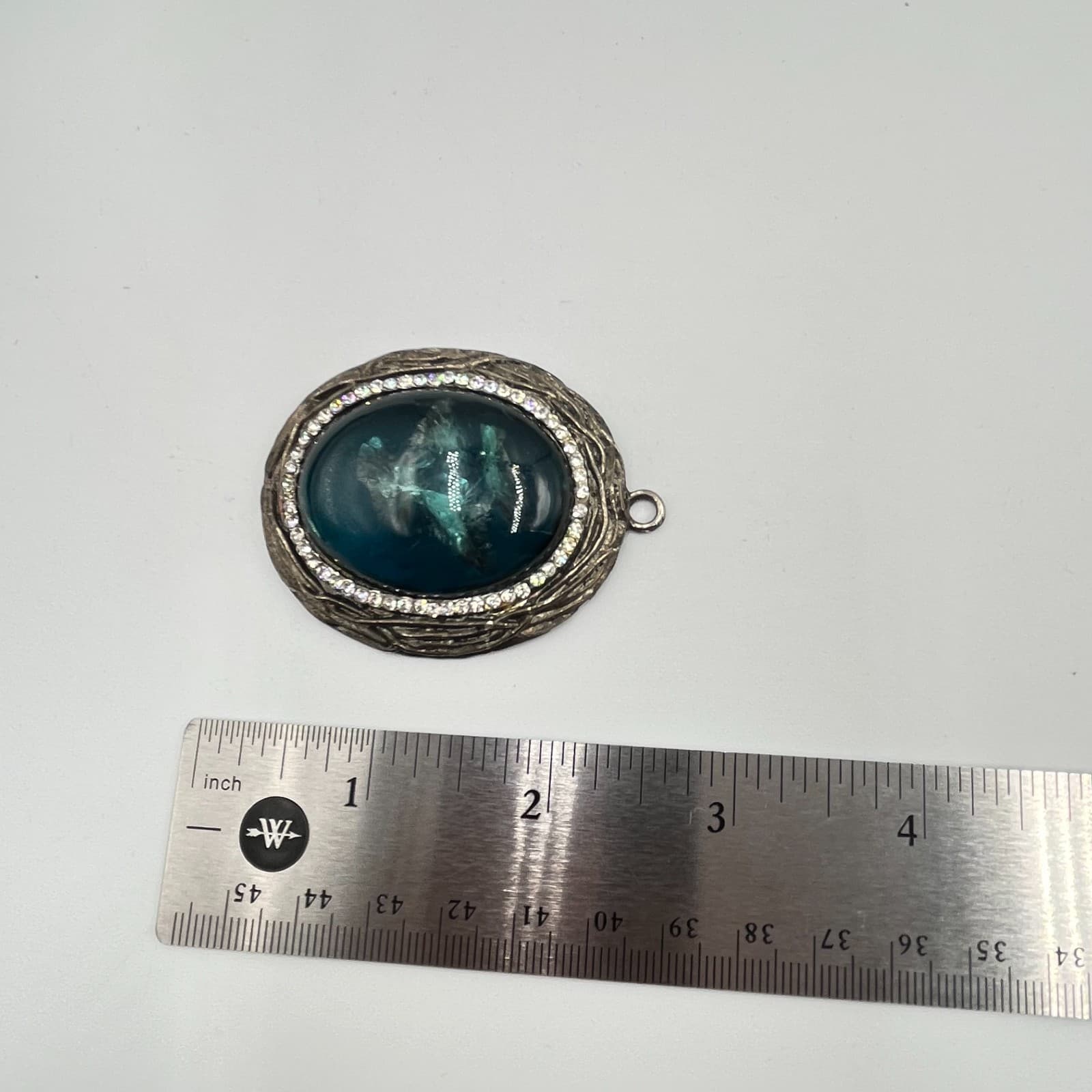 Vintage Retro Silver Tone Blue Foil Art Glass Cabochon Rhinestone Halo Pendant - Thumbnail 7