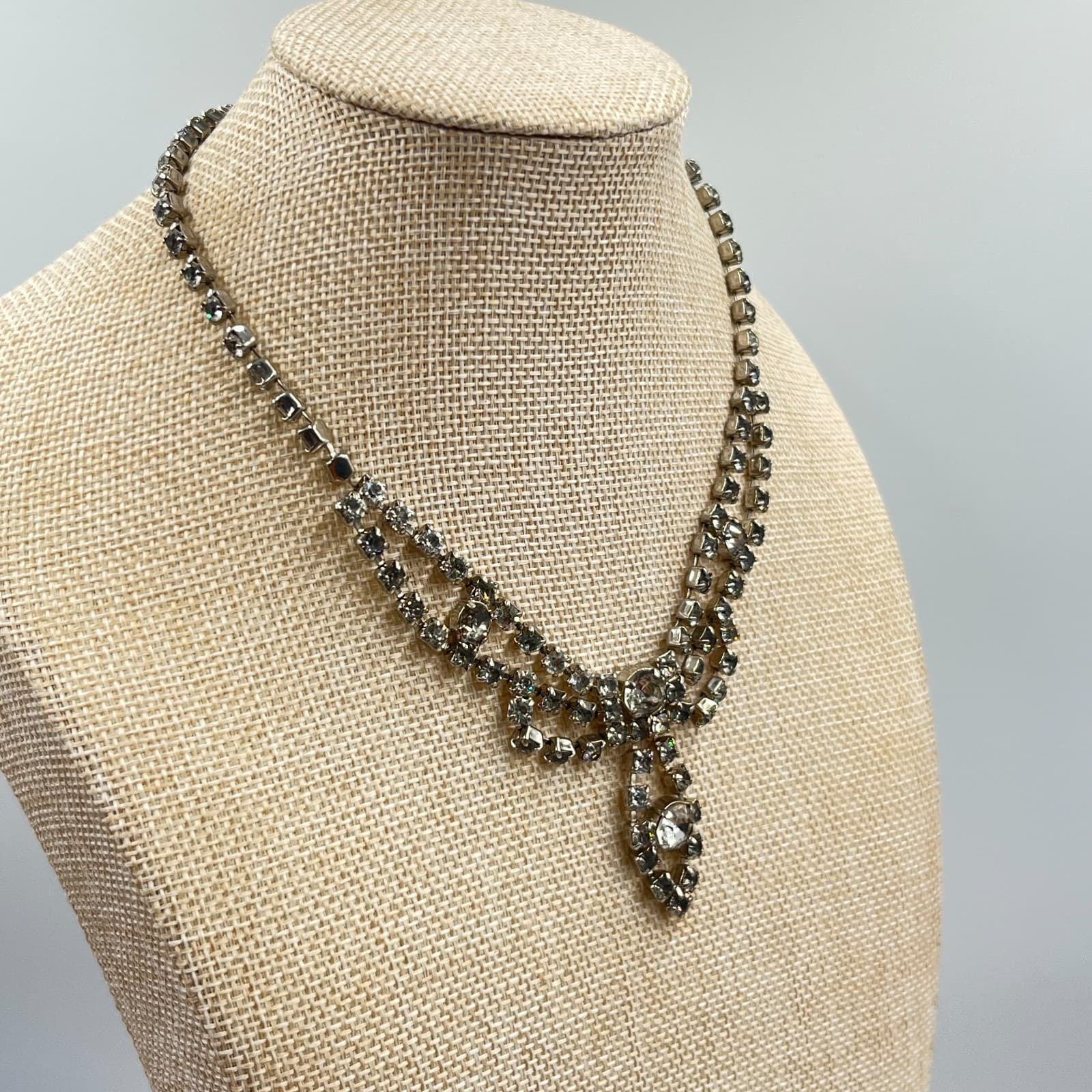 Vintage Mid-Century Rhinestone Necklace & Bracelet Set Silver Tone Deco Glam - Thumbnail 3