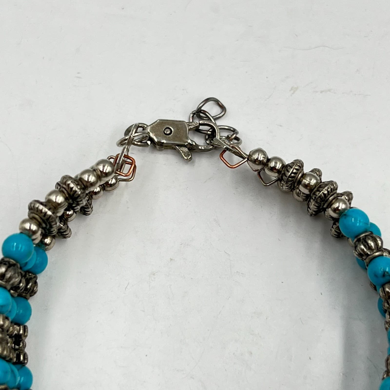 Vintage Boho Silver Tone Faux Turquoise 3-Row Beaded Filigree Panel Bracelet - Thumbnail 2
