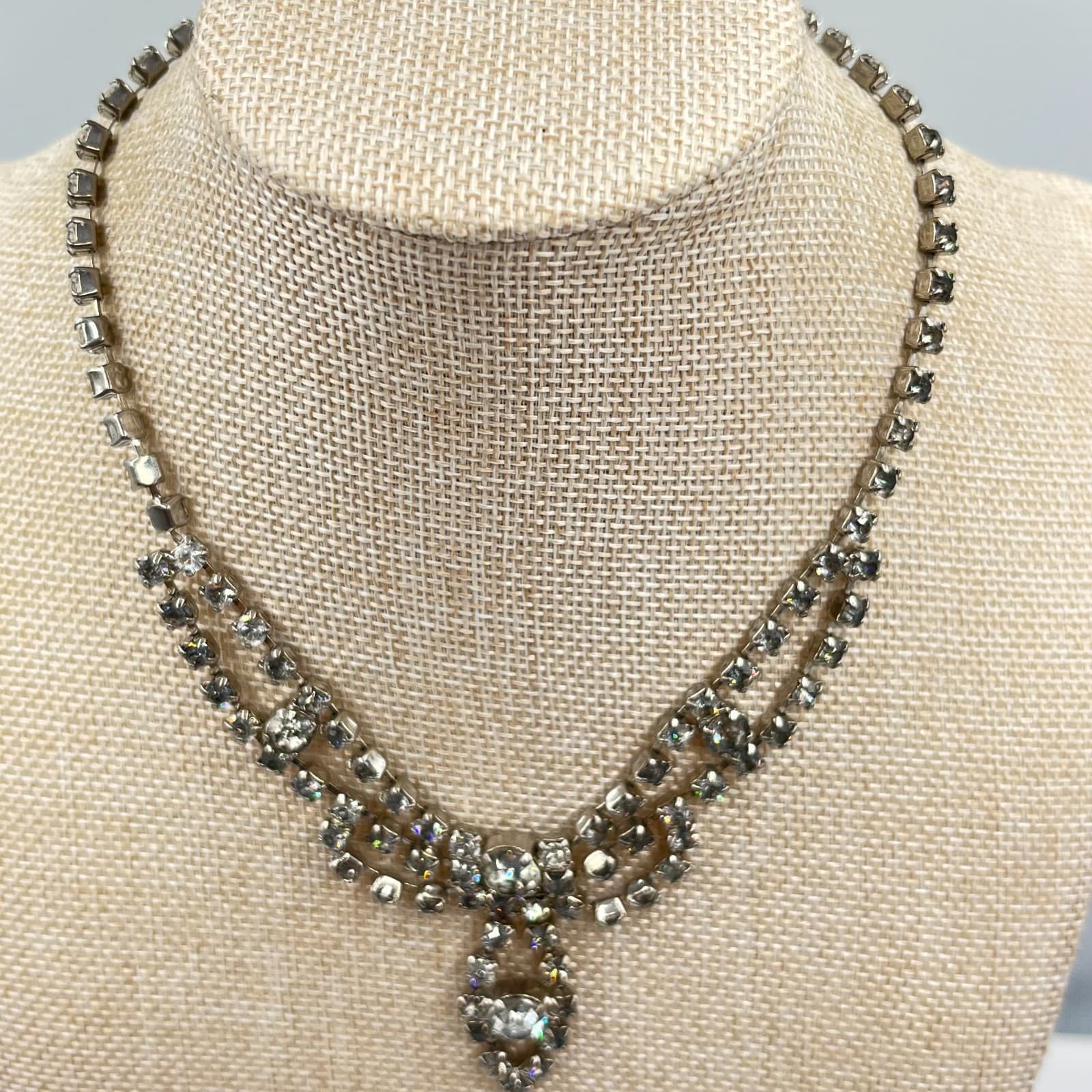 Vintage Mid-Century Rhinestone Necklace & Bracelet Set Silver Tone Deco Glam - Thumbnail 2