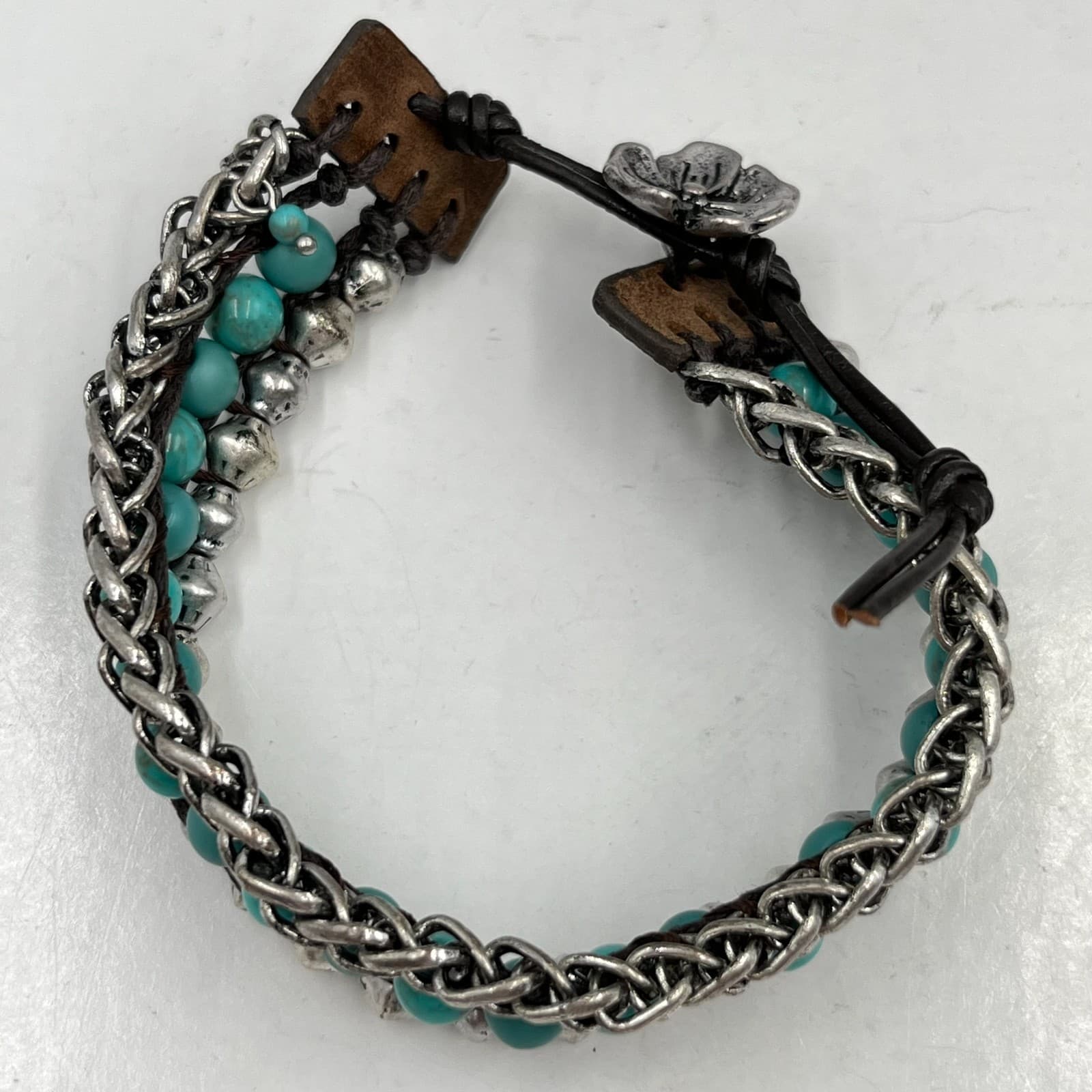Vintage Boho Turquoise Beaded Multi-Layer Bracelet Leather Floral Button Clasp - Thumbnail 2