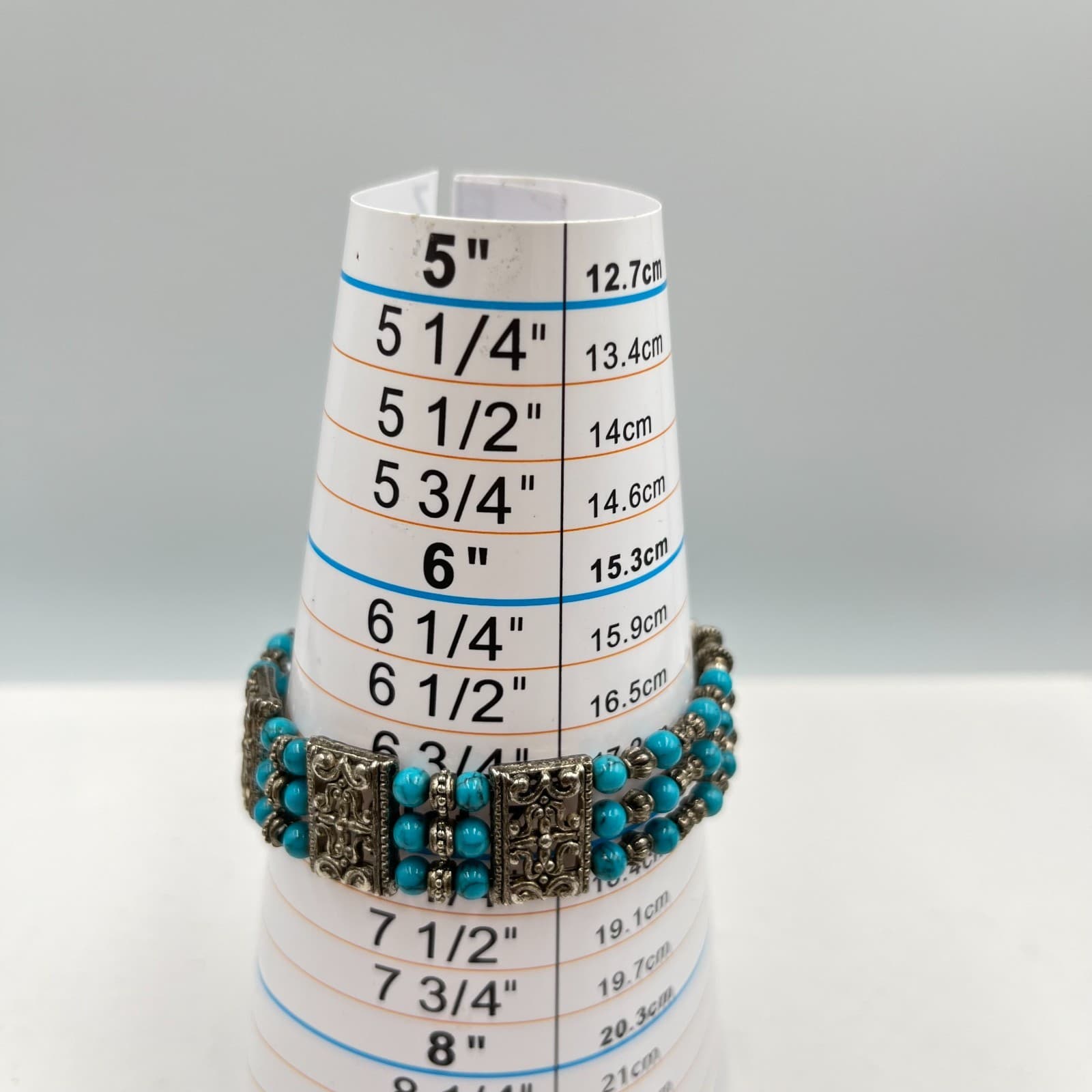 Vintage Boho Silver Tone Faux Turquoise 3-Row Beaded Filigree Panel Bracelet - Thumbnail 6