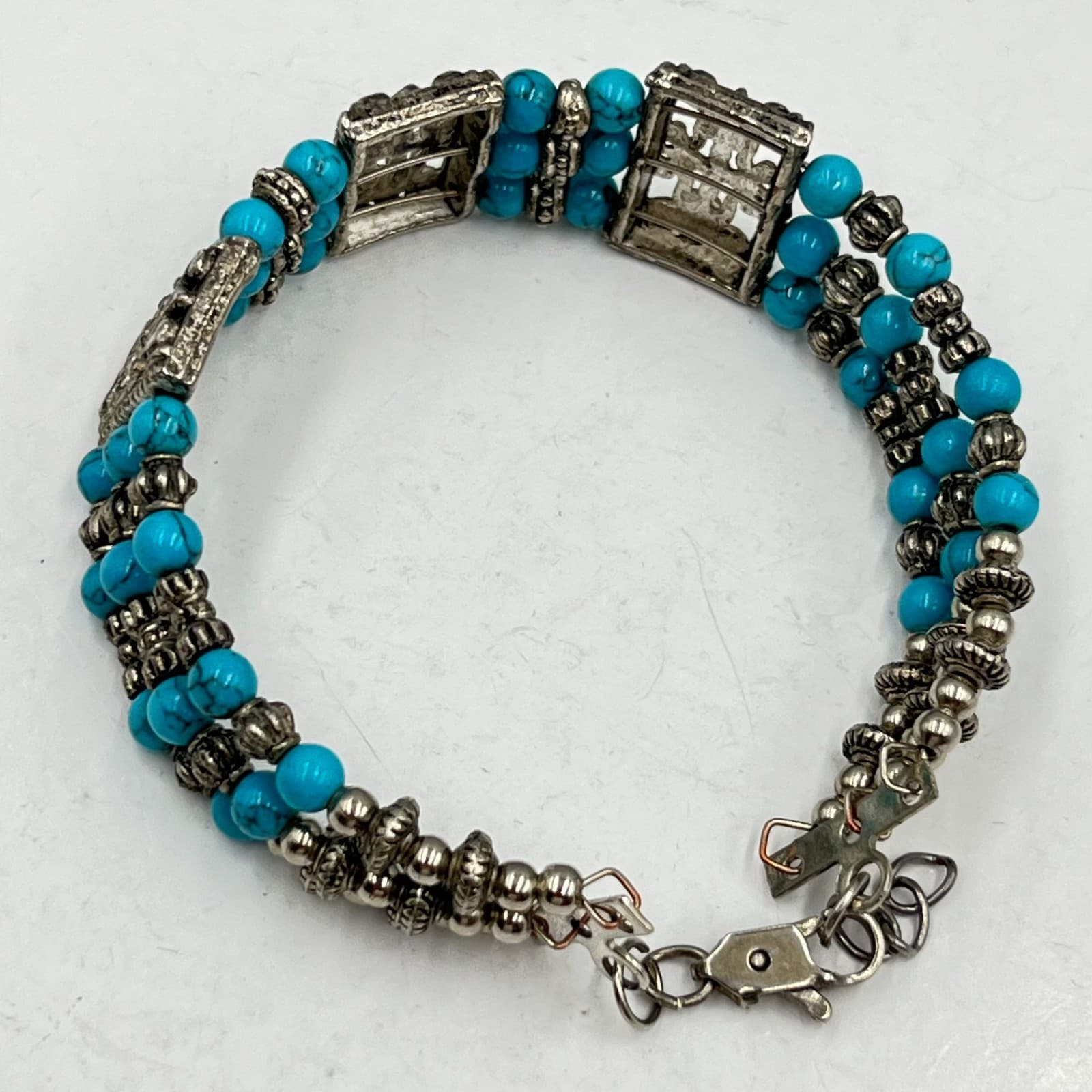 Vintage Boho Silver Tone Faux Turquoise 3-Row Beaded Filigree Panel Bracelet - Thumbnail 3