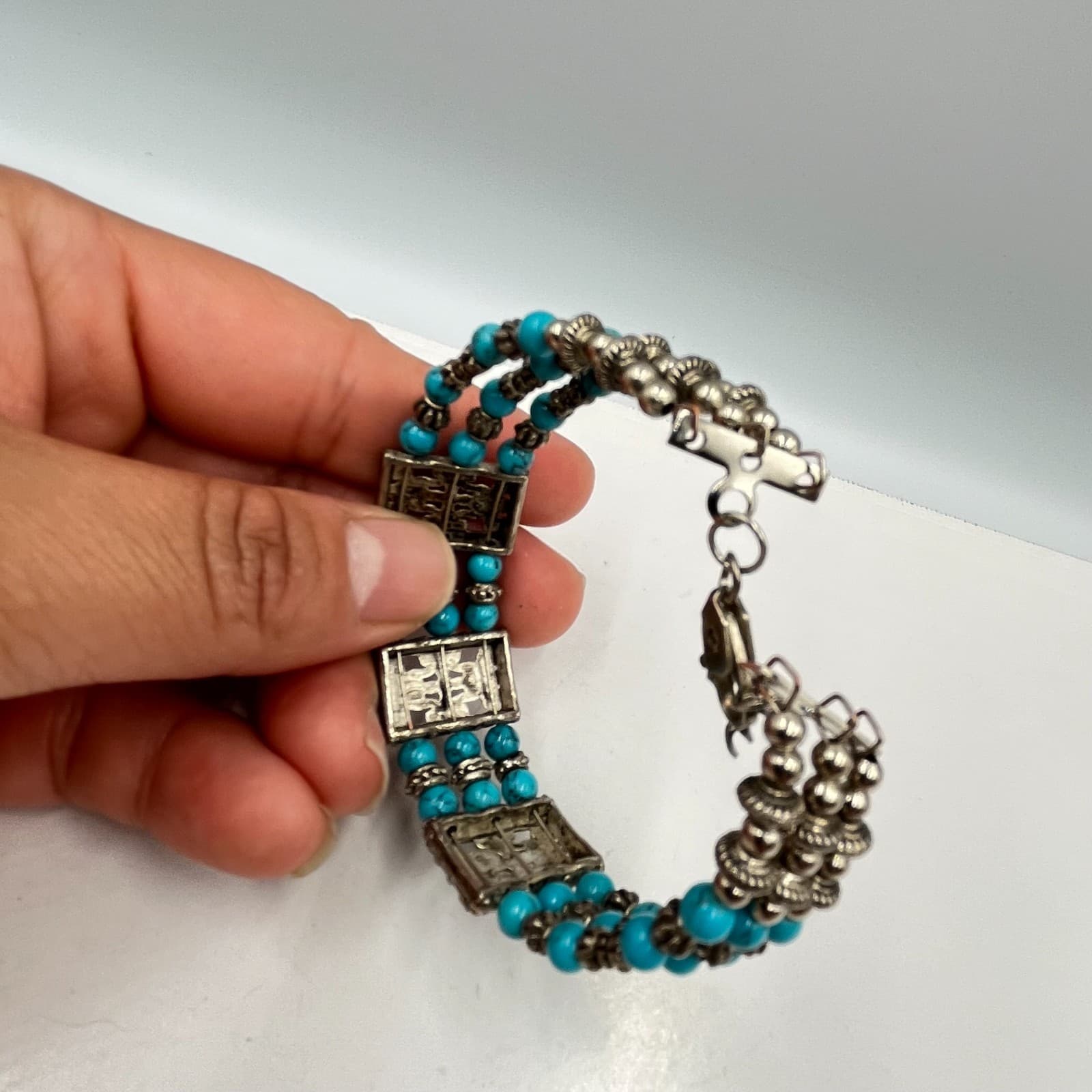 Vintage Boho Silver Tone Faux Turquoise 3-Row Beaded Filigree Panel Bracelet - Thumbnail 5