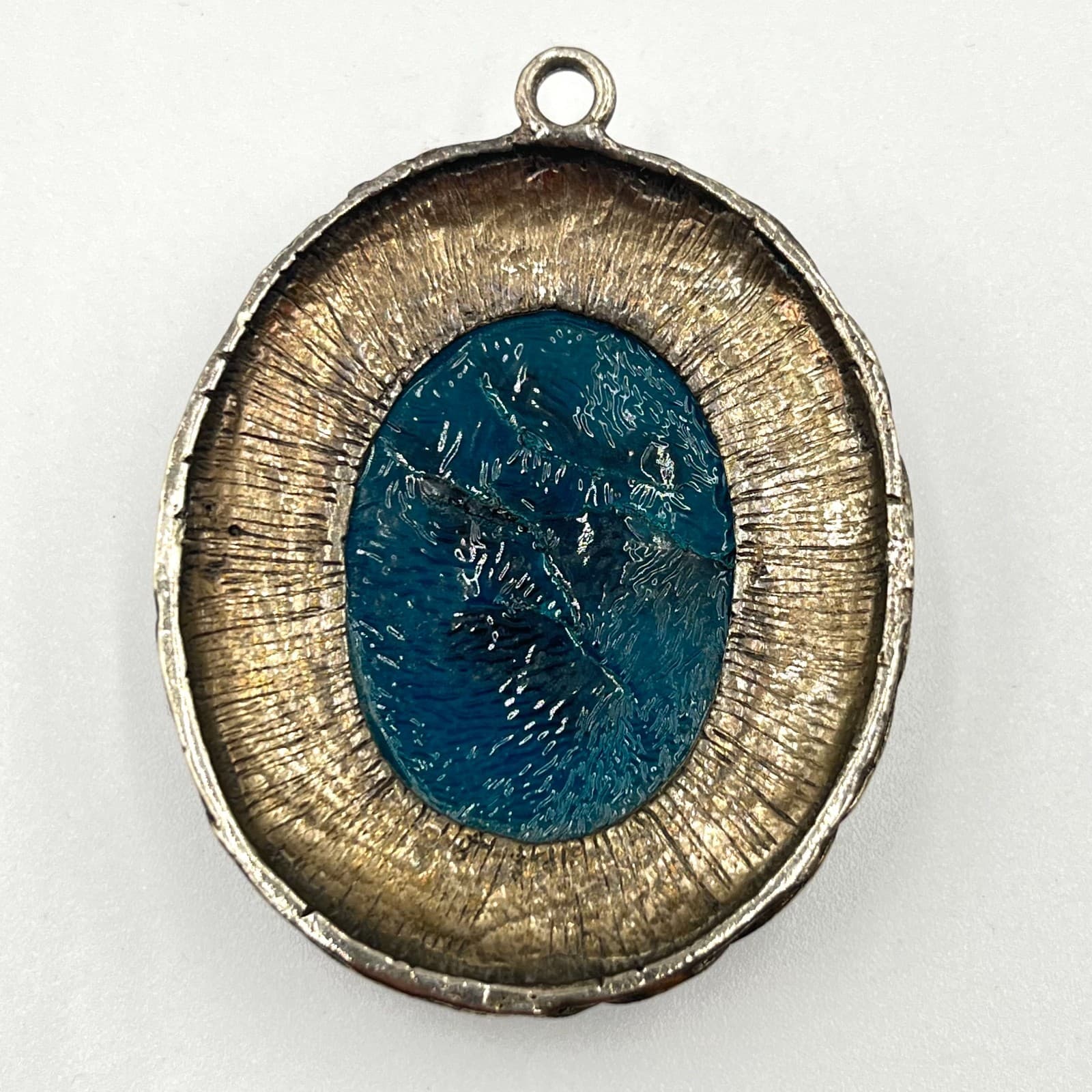 Vintage Retro Silver Tone Blue Foil Art Glass Cabochon Rhinestone Halo Pendant - Thumbnail 2
