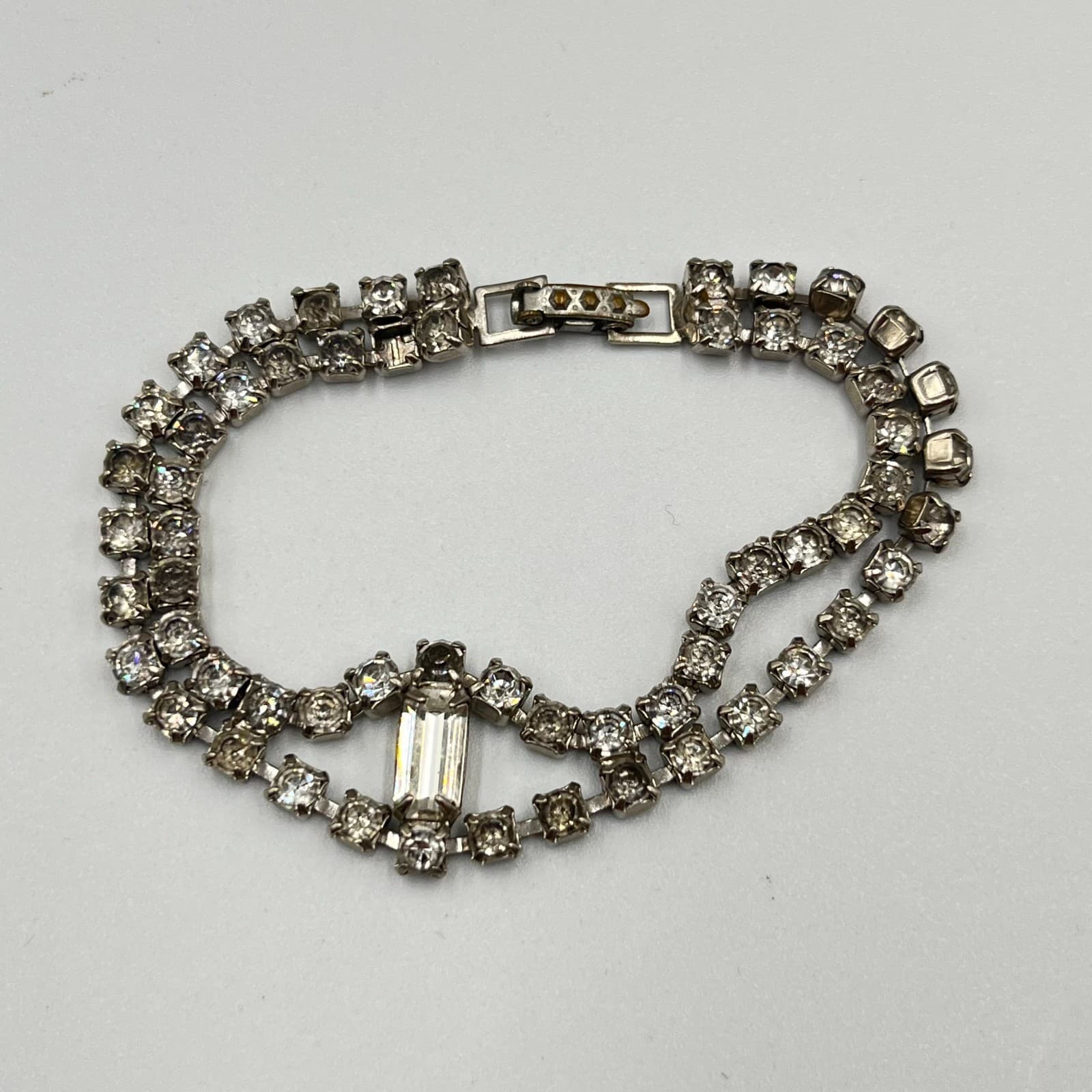 Vintage Mid-Century Rhinestone Necklace & Bracelet Set Silver Tone Deco Glam - Thumbnail 7