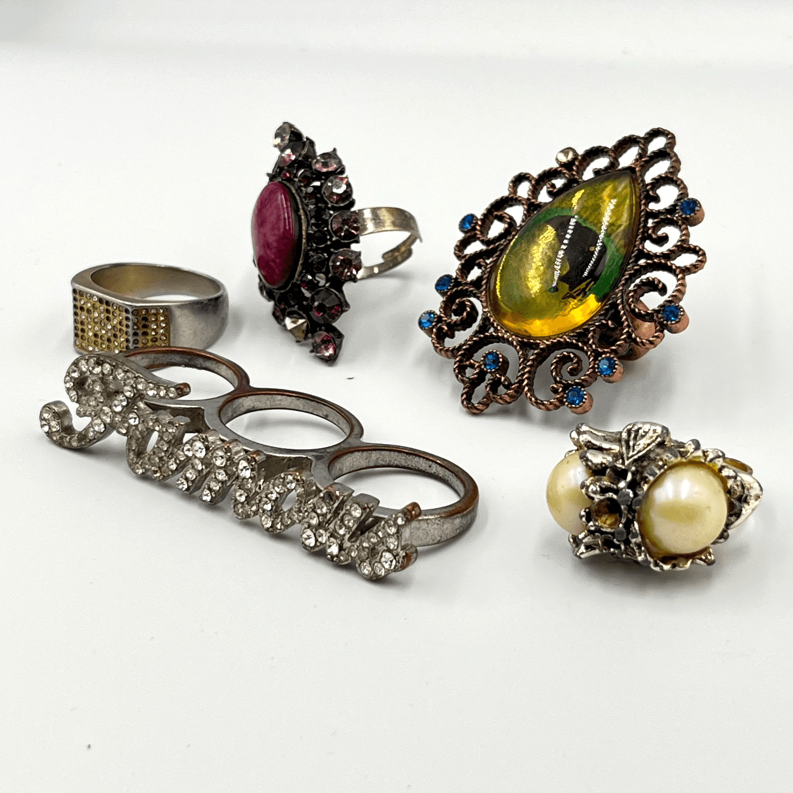 Vintage 5pc Statement Ring Set Y2K Goth Boho Dragon Eye Faux Pearl Rhinestone - Thumbnail 2