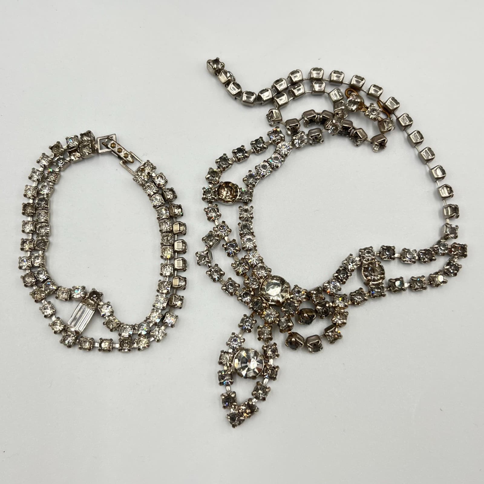 Vintage Mid-Century Rhinestone Necklace & Bracelet Set Silver Tone Deco Glam - Thumbnail 11