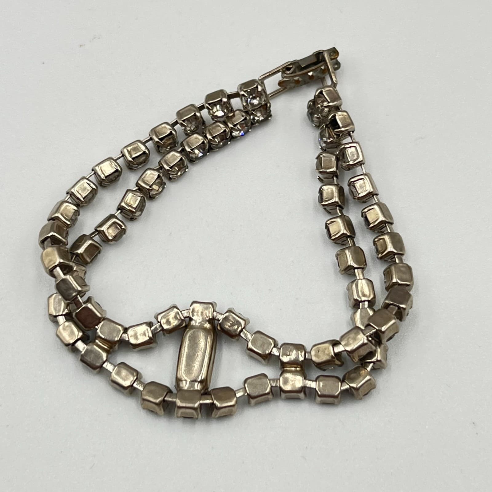 Vintage Mid-Century Rhinestone Necklace & Bracelet Set Silver Tone Deco Glam - Thumbnail 9