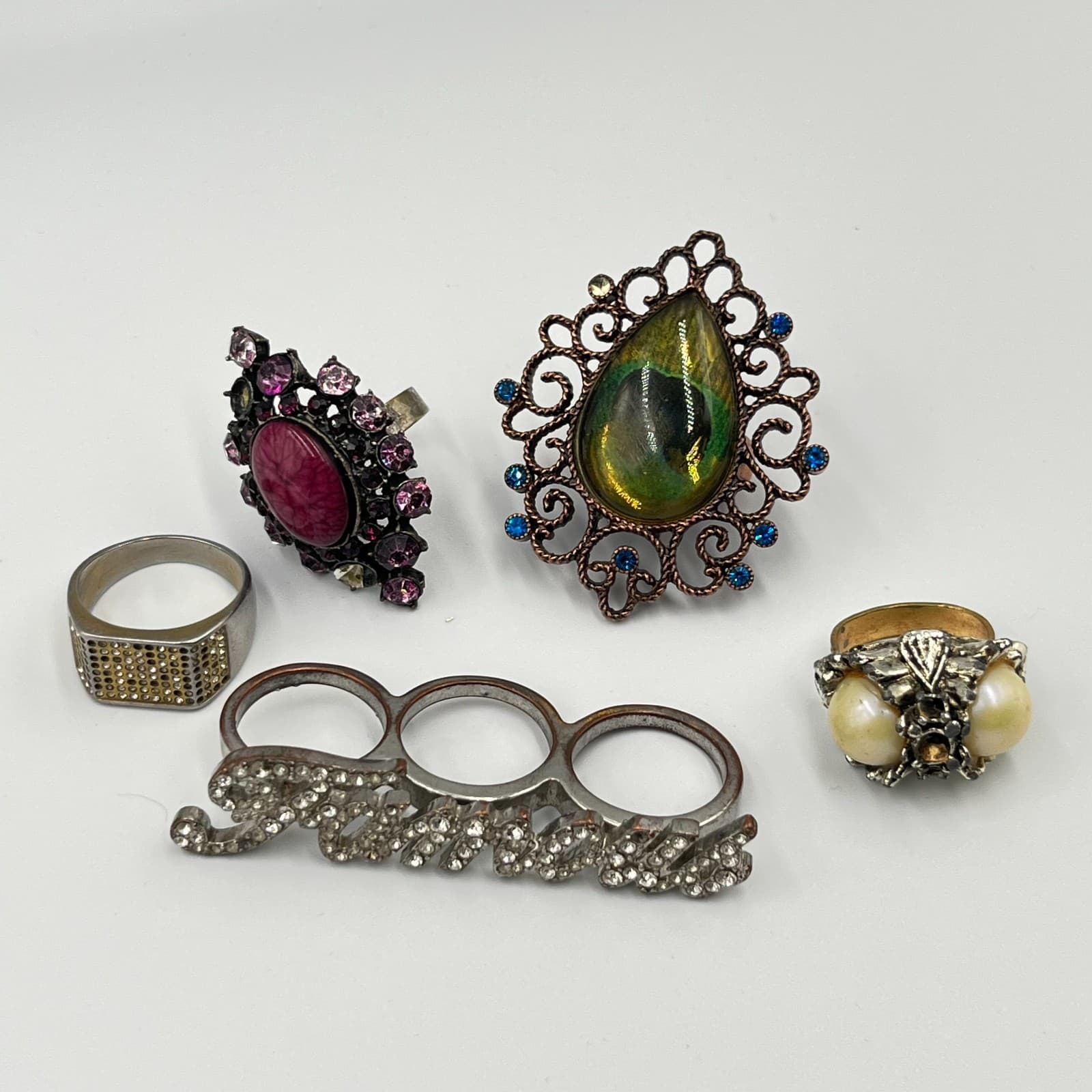 Vintage 5pc Statement Ring Set Y2K Goth Boho Dragon Eye Faux Pearl Rhinestone