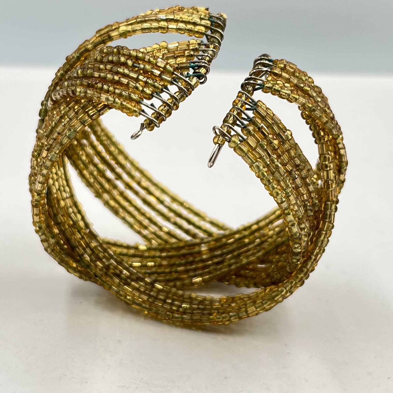 Vintage Boho Gold Tone Seed Bead Multi-Strand Memory Wire Cuff Bracelet - Thumbnail 3