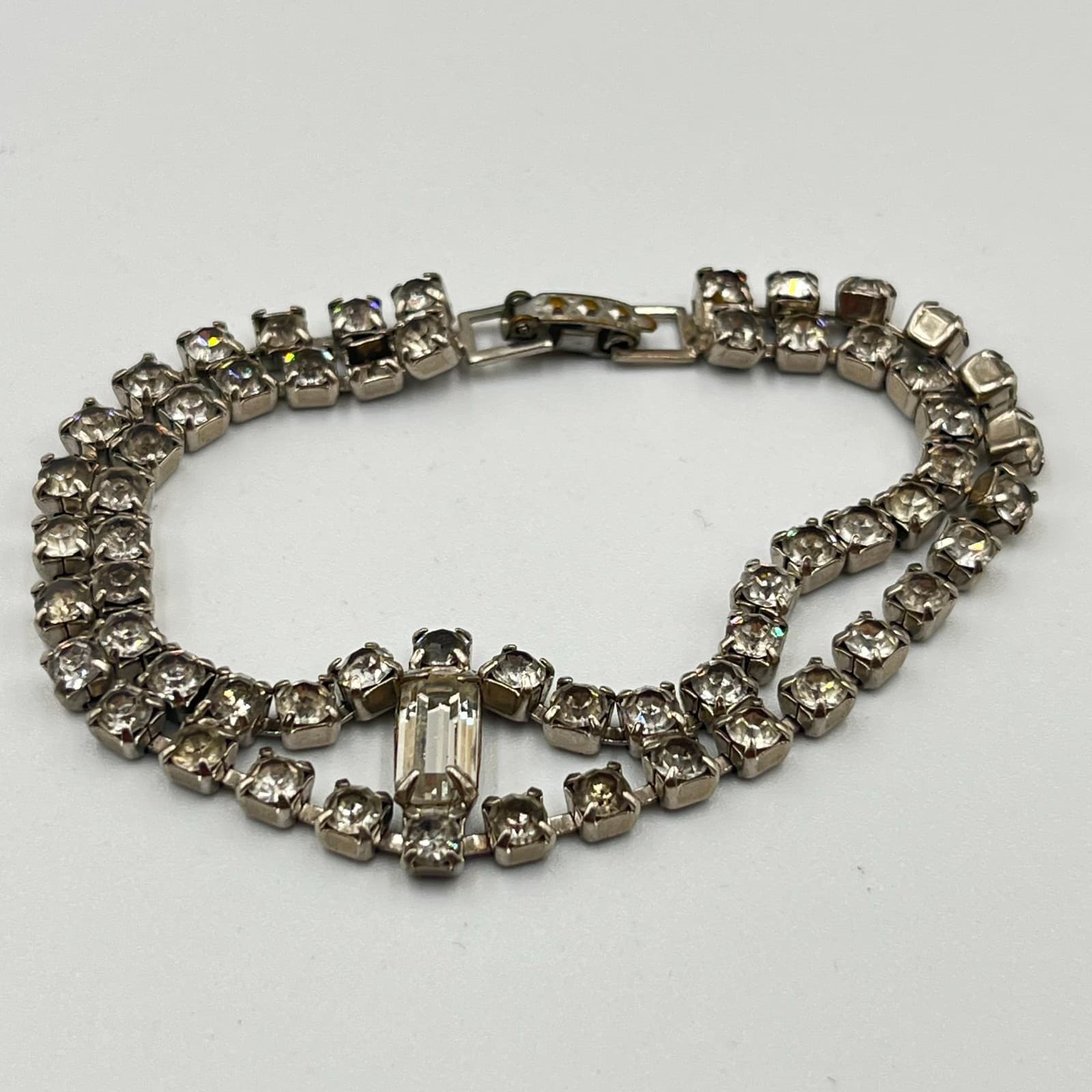 Vintage Mid-Century Rhinestone Necklace & Bracelet Set Silver Tone Deco Glam - Thumbnail 8