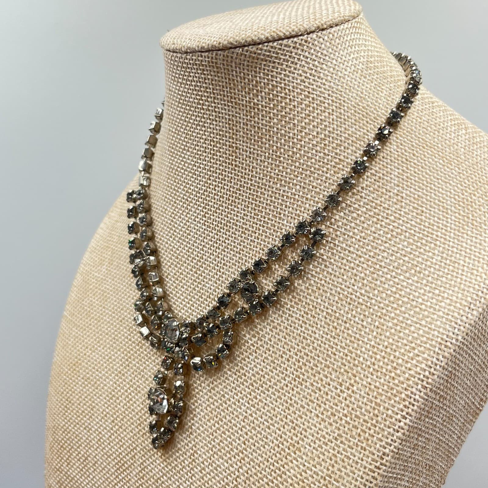 Vintage Mid-Century Rhinestone Necklace & Bracelet Set Silver Tone Deco Glam - Thumbnail 4