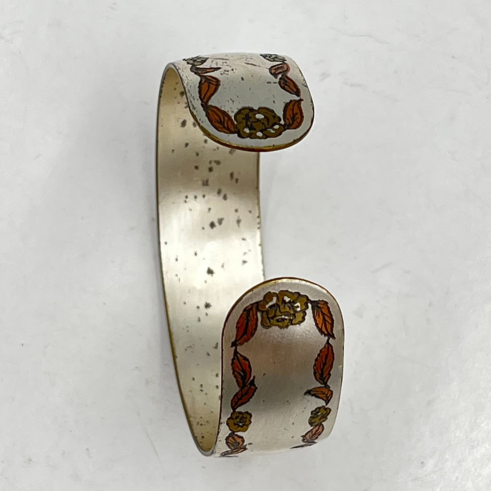 Vintage Floral Etched Silver Tone Cuff Bracelet Earthy Rose Leaf Motif Classic - Thumbnail 4