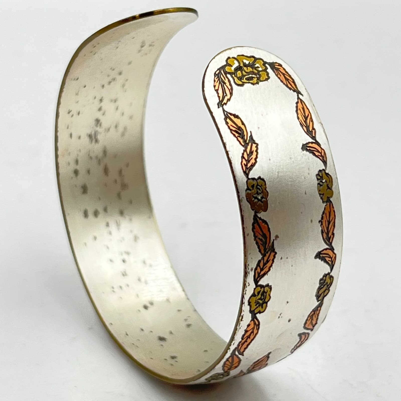 Vintage Floral Etched Silver Tone Cuff Bracelet Earthy Rose Leaf Motif Classic - Thumbnail 3