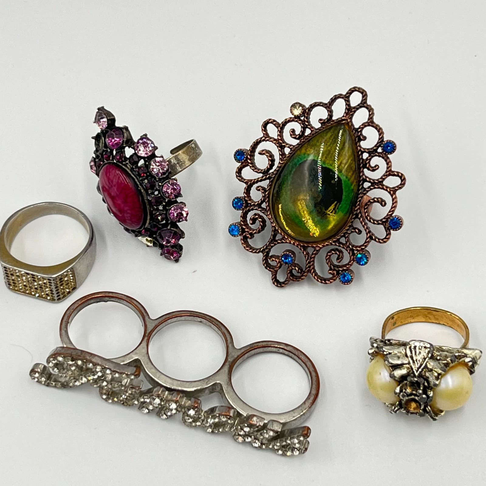 Vintage 5pc Statement Ring Set Y2K Goth Boho Dragon Eye Faux Pearl Rhinestone - Thumbnail 21