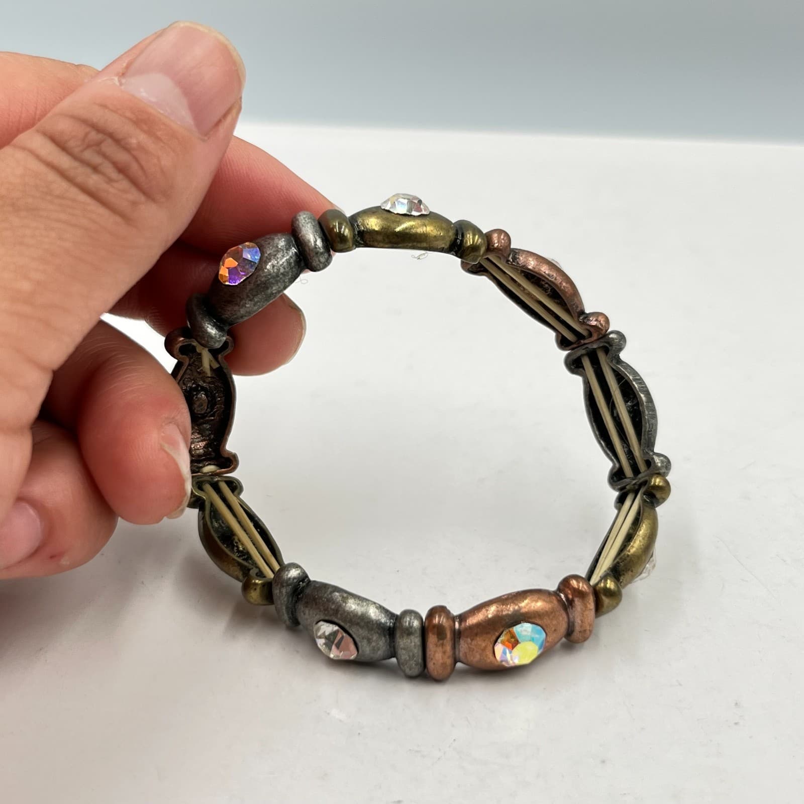 Vintage Mixed Metal Faceted AB Rhinestone Stretch Bracelet Boho Industrial - Thumbnail 6