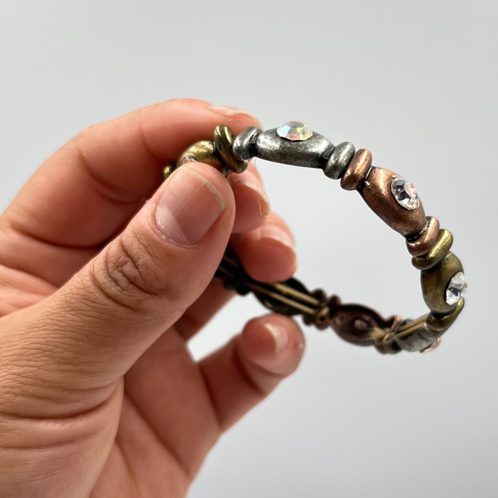 Vintage Mixed Metal Faceted AB Rhinestone Stretch Bracelet Boho Industrial - Thumbnail 5