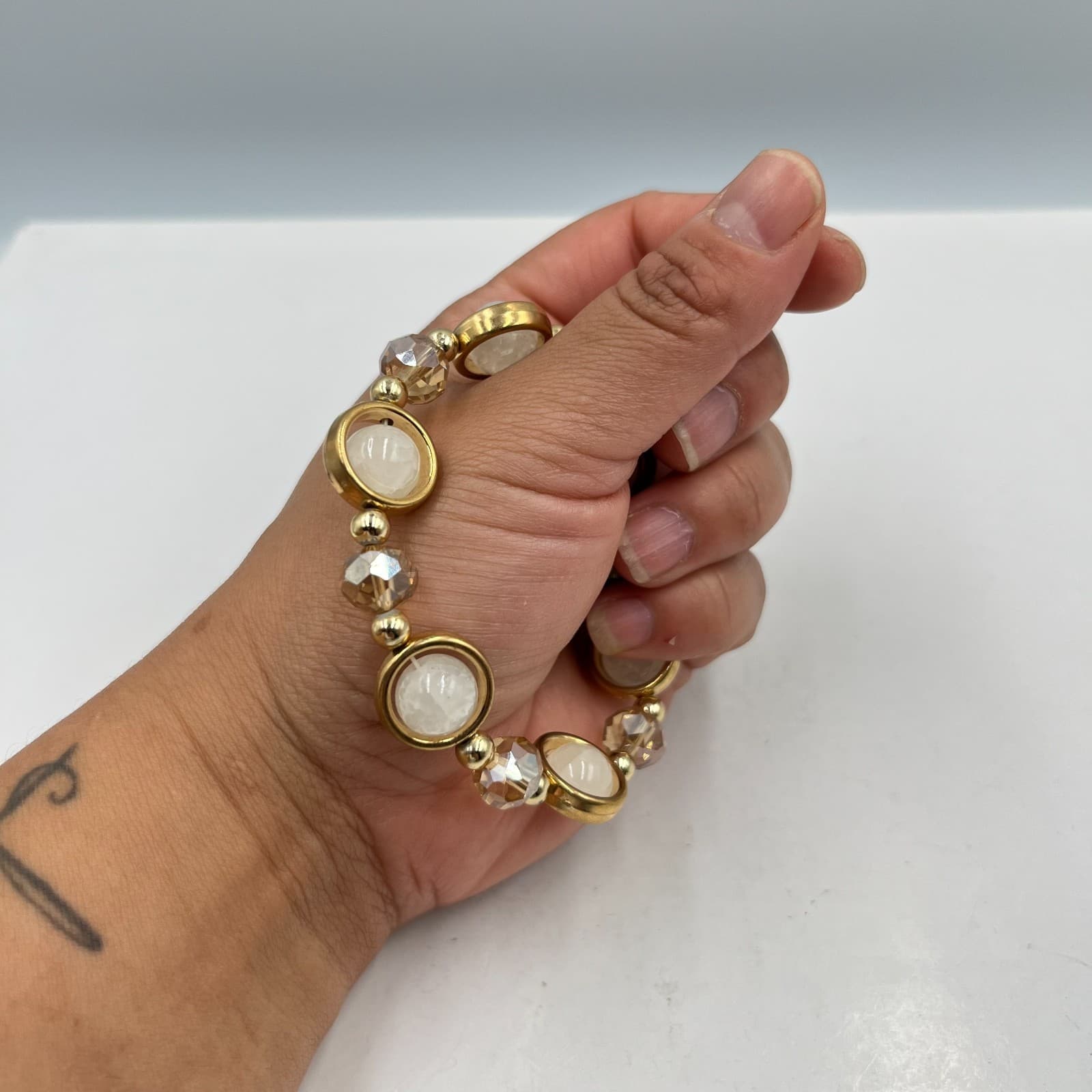 Vintage Gold Tone Halo White Stone Stretch Bracelet Champagne Crystal Retro - Thumbnail 5