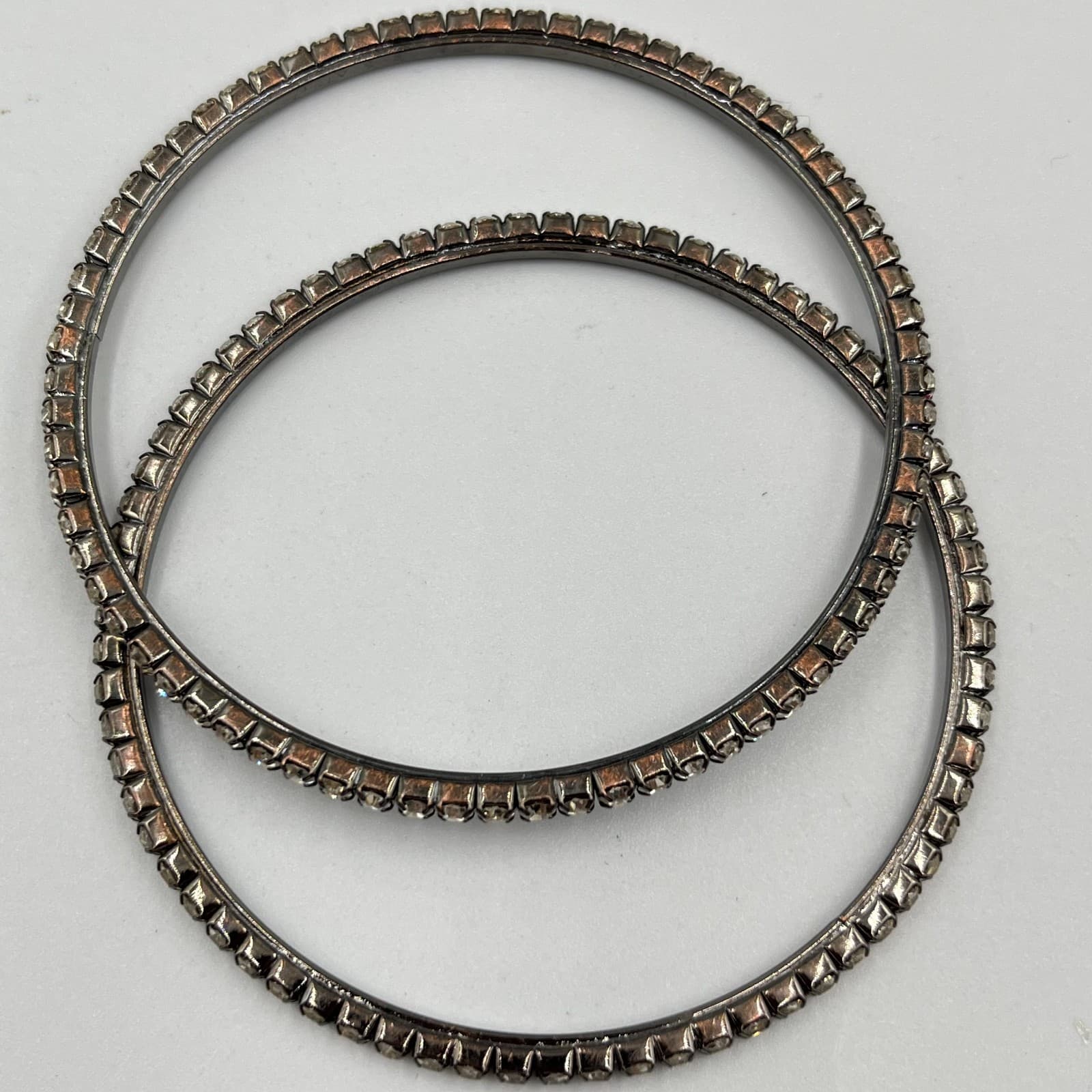 VTG Rhinestone Bangle Tennis Braelet Set-Silver Tone Clear Crystal 3-Piece Stack - Thumbnail 7