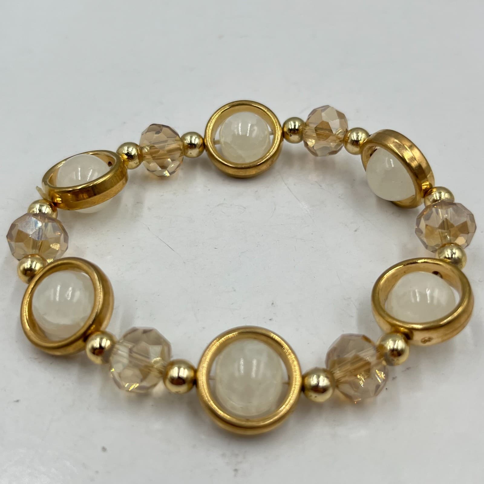 Vintage Gold Tone Halo White Stone Stretch Bracelet Champagne Crystal Retro - Thumbnail 2