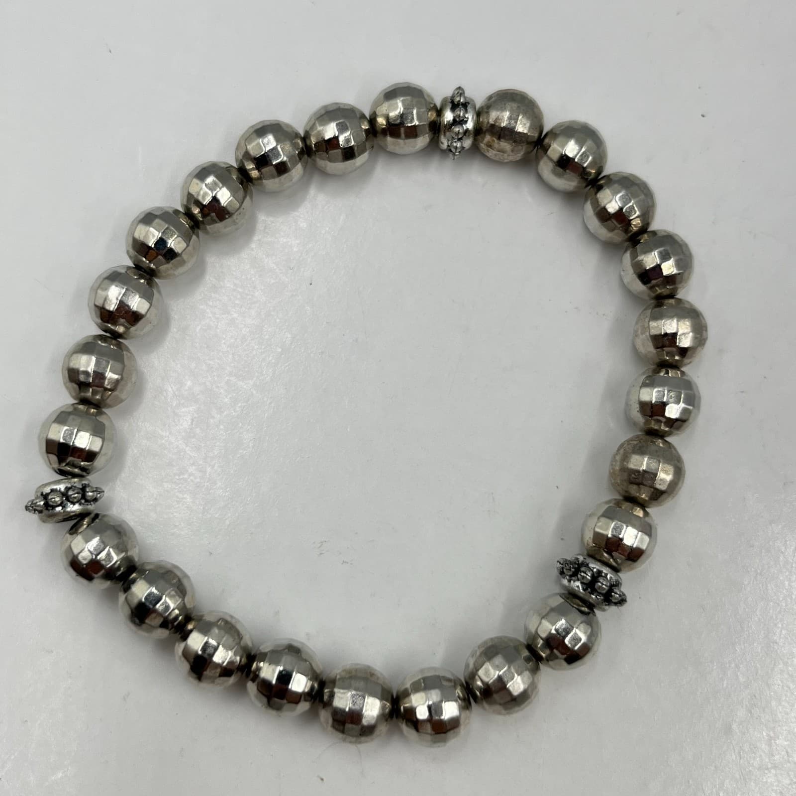 Vintage Y2K Silver Tone Metal Ball Bead Stretch Bracelet Set 3Pcs Chunky Retro - Thumbnail 6