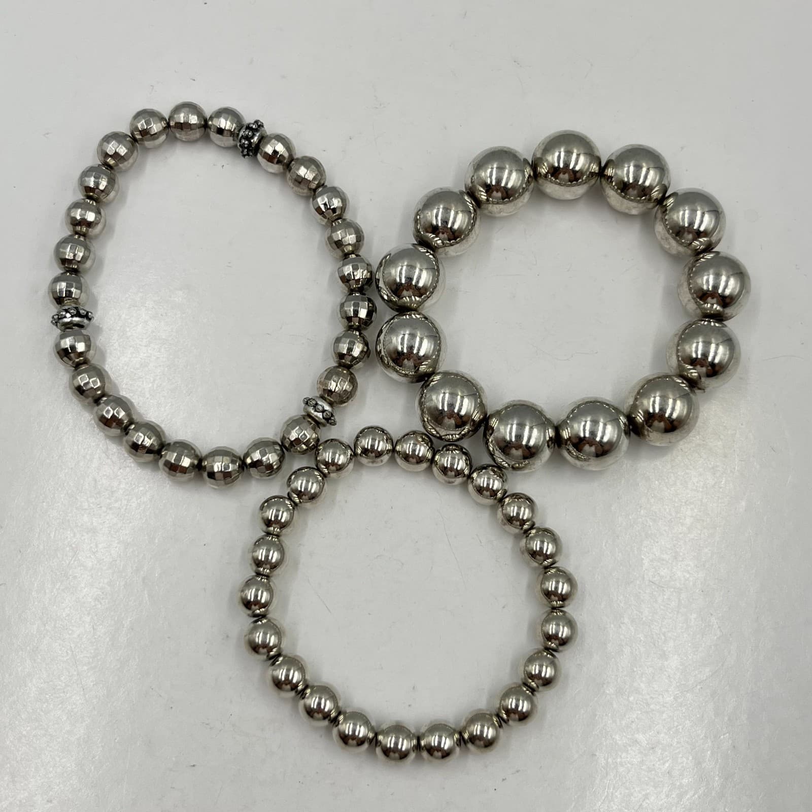 Vintage Y2K Silver Tone Metal Ball Bead Stretch Bracelet Set 3Pcs Chunky Retro - Thumbnail 8