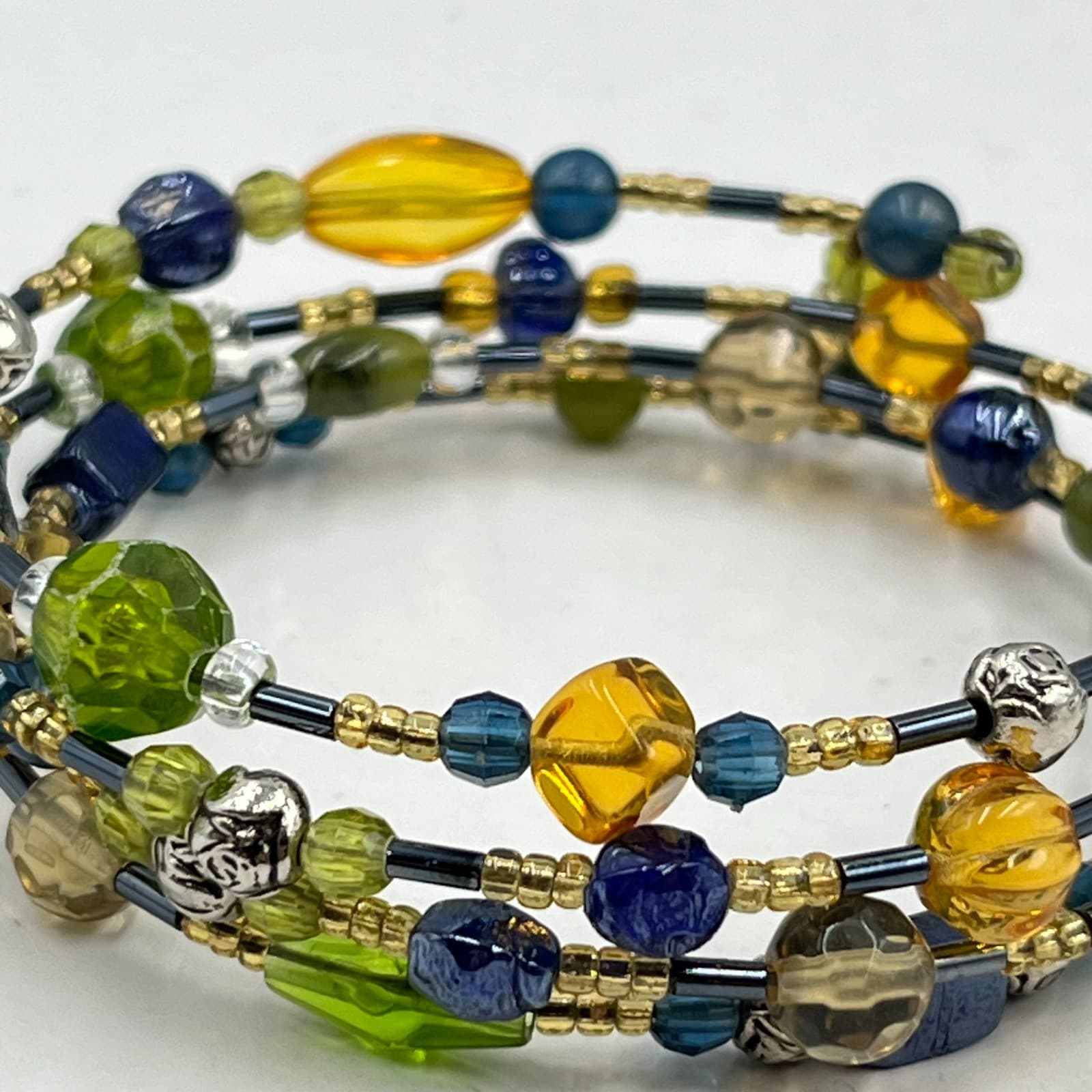 Vintage Y2K Boho Multi-Strand Wrap Bracelet Green Blue Amber Beads 80ch Classic - Thumbnail 3