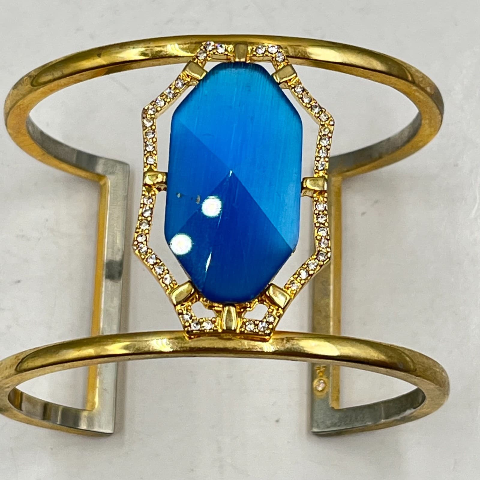 Vintage Boho Cobalt Blue Cat's Eye Hexagon Gold Tone Cuff Bracelet Classic - Thumbnail 4