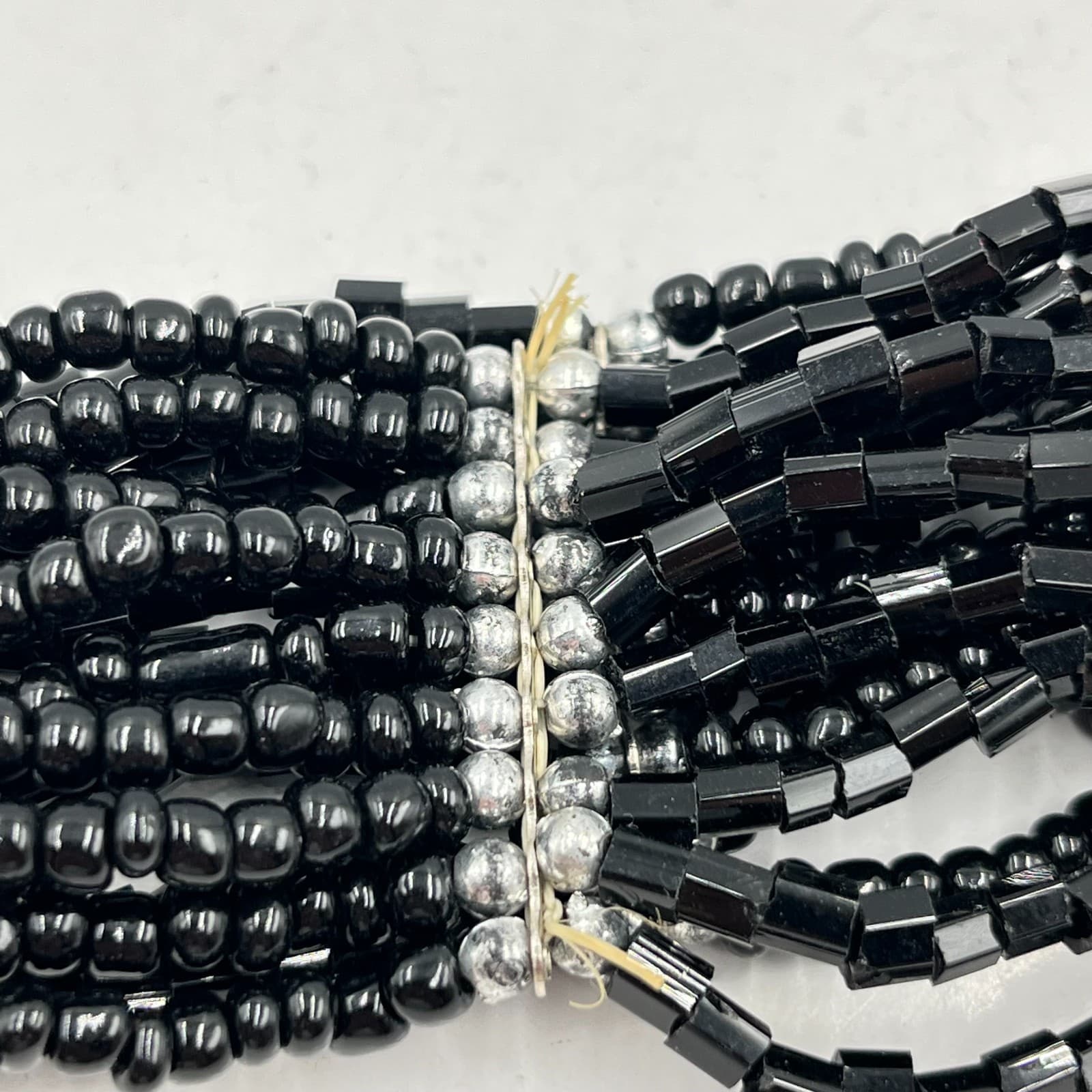 Vintage Multi-Strand Black Seed & Bugle Bead Stretch Cuff Bracelet Silver Accent - Thumbnail 2