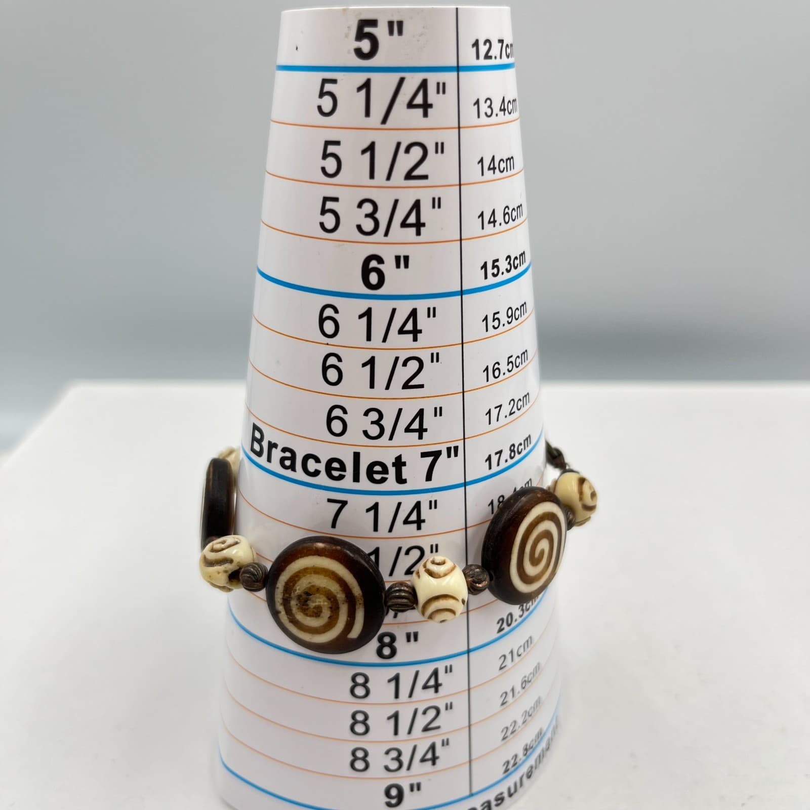 Vintage Boho Ethnic Tribal Spiral Carved Resin Wood Bead Bracelet Brown Cream - Thumbnail 5