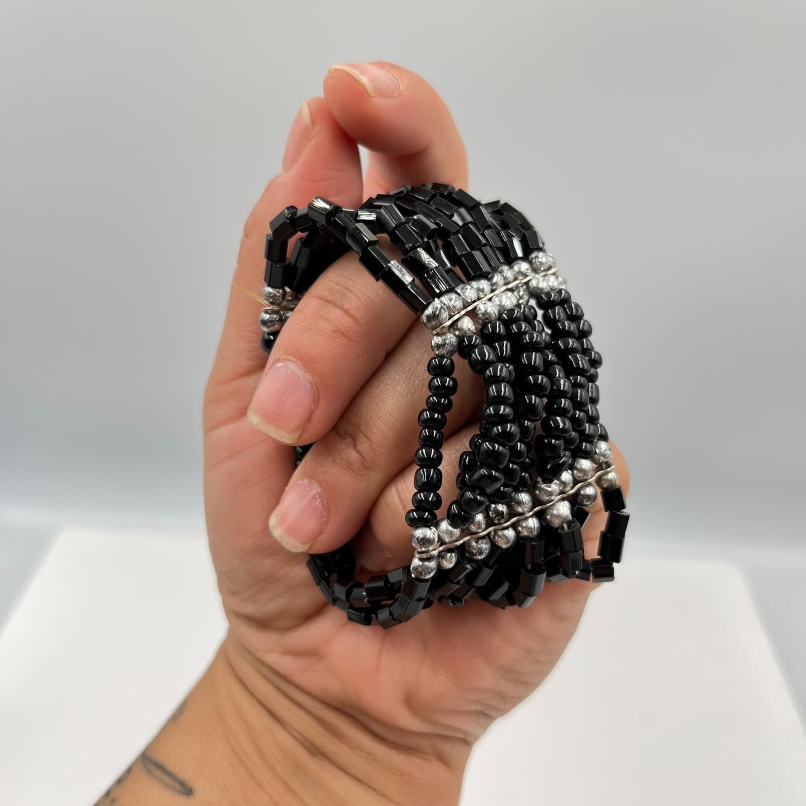 Vintage Multi-Strand Black Seed & Bugle Bead Stretch Cuff Bracelet Silver Accent - Thumbnail 3