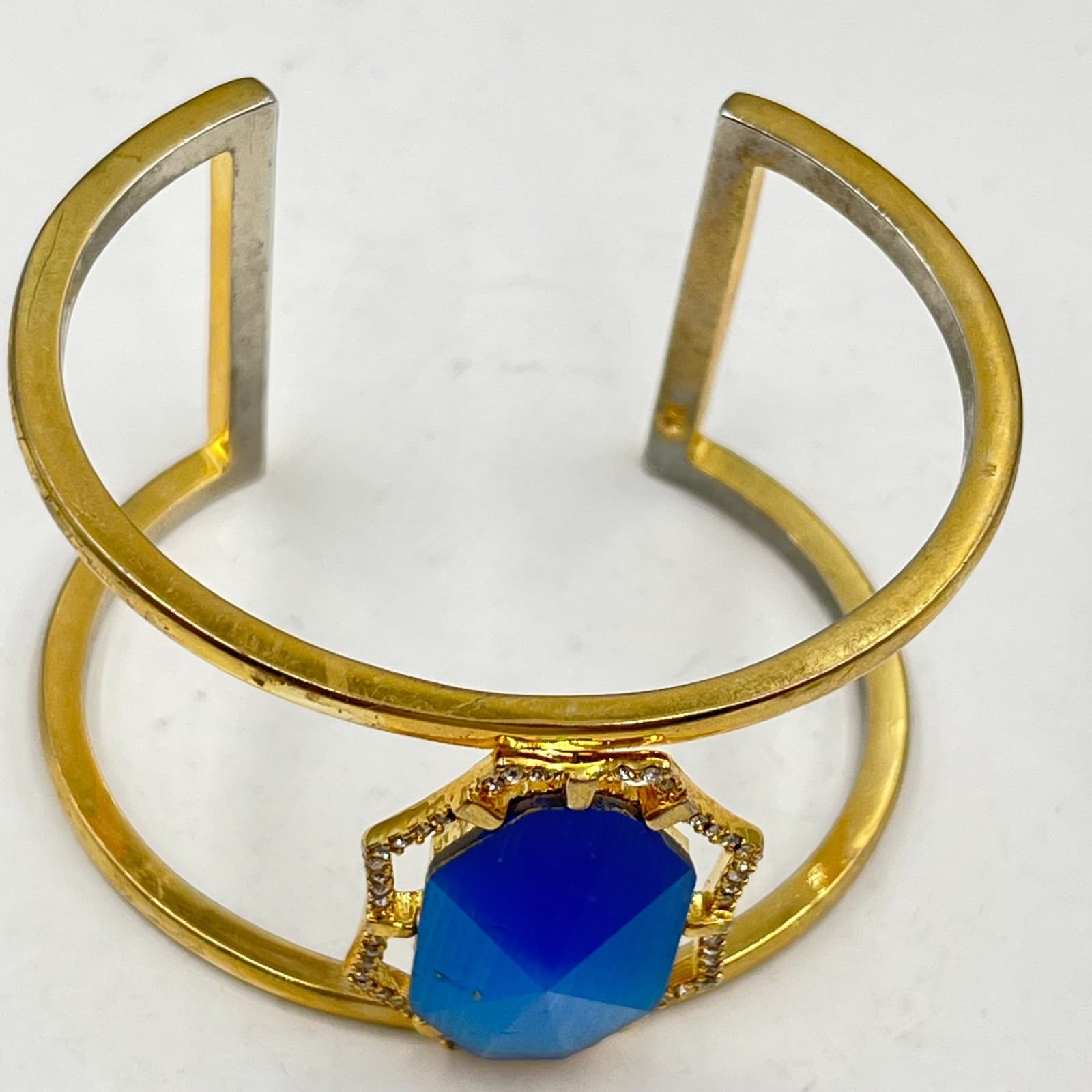 Vintage Boho Cobalt Blue Cat's Eye Hexagon Gold Tone Cuff Bracelet Classic - Thumbnail 2