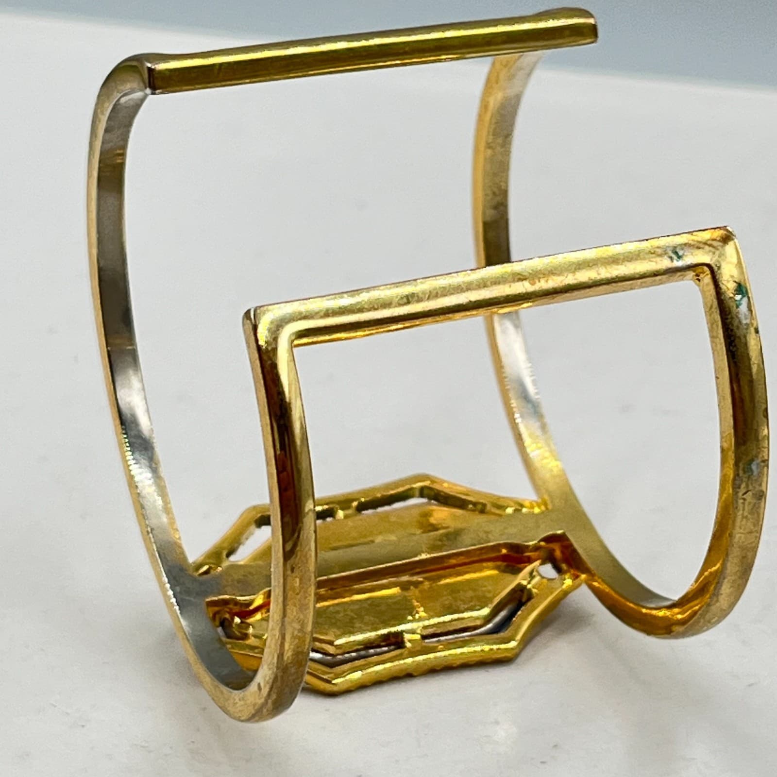 Vintage Boho Cobalt Blue Cat's Eye Hexagon Gold Tone Cuff Bracelet Classic - Thumbnail 3