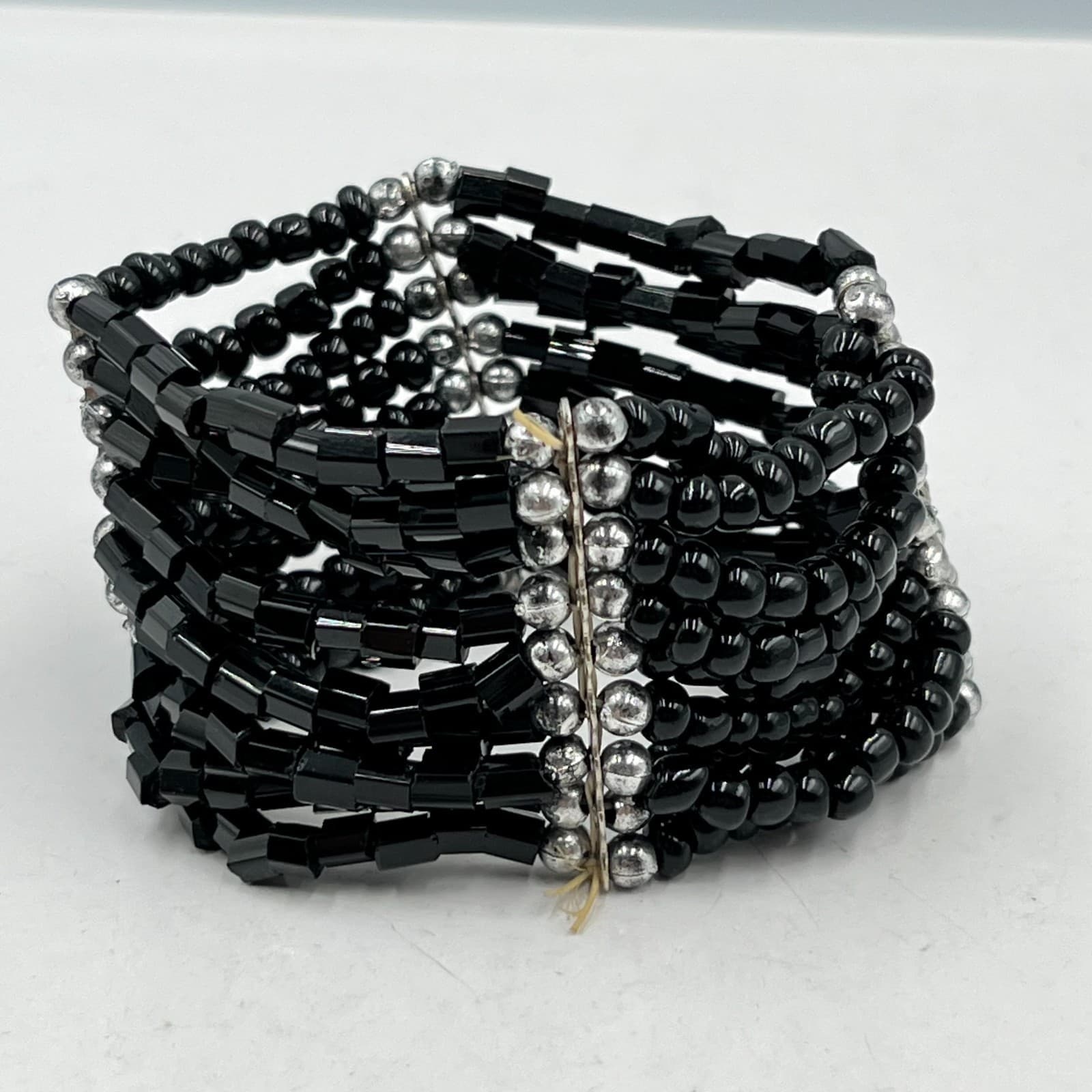 Vintage Multi-Strand Black Seed & Bugle Bead Stretch Cuff Bracelet Silver Accent - Thumbnail 4