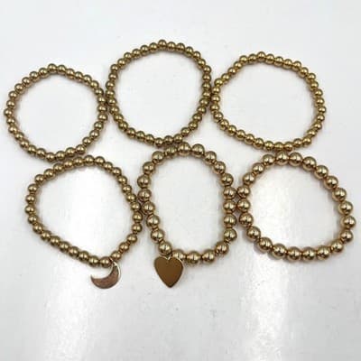 Vintage Boho Gold Beaded Stretch Bracelet Set Heart & Moon Charms 6-Piece Lot