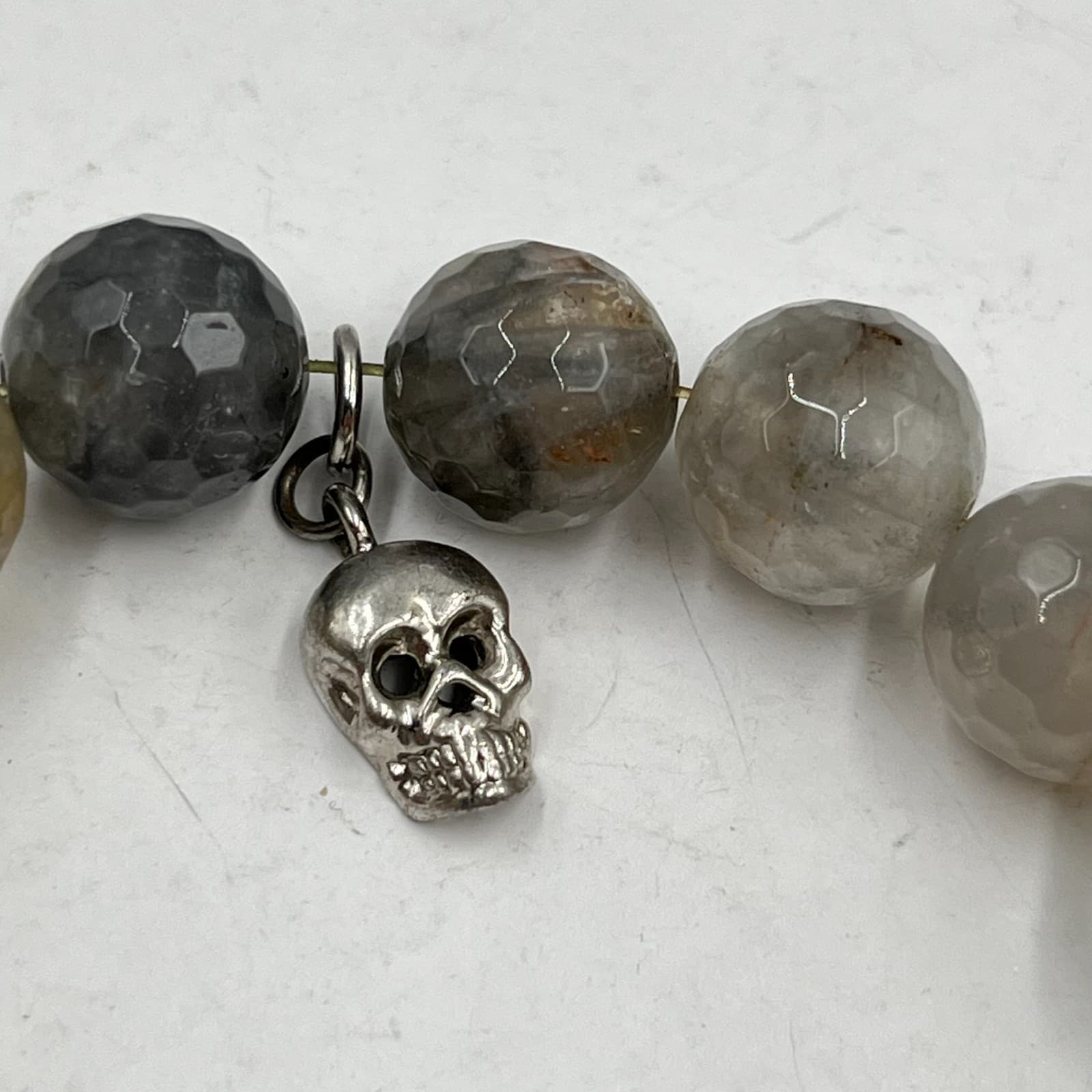 Vintage Gothic Skull Charm Stretch Bracelet Gray Agate Style Beads Rhinestone - Thumbnail 2