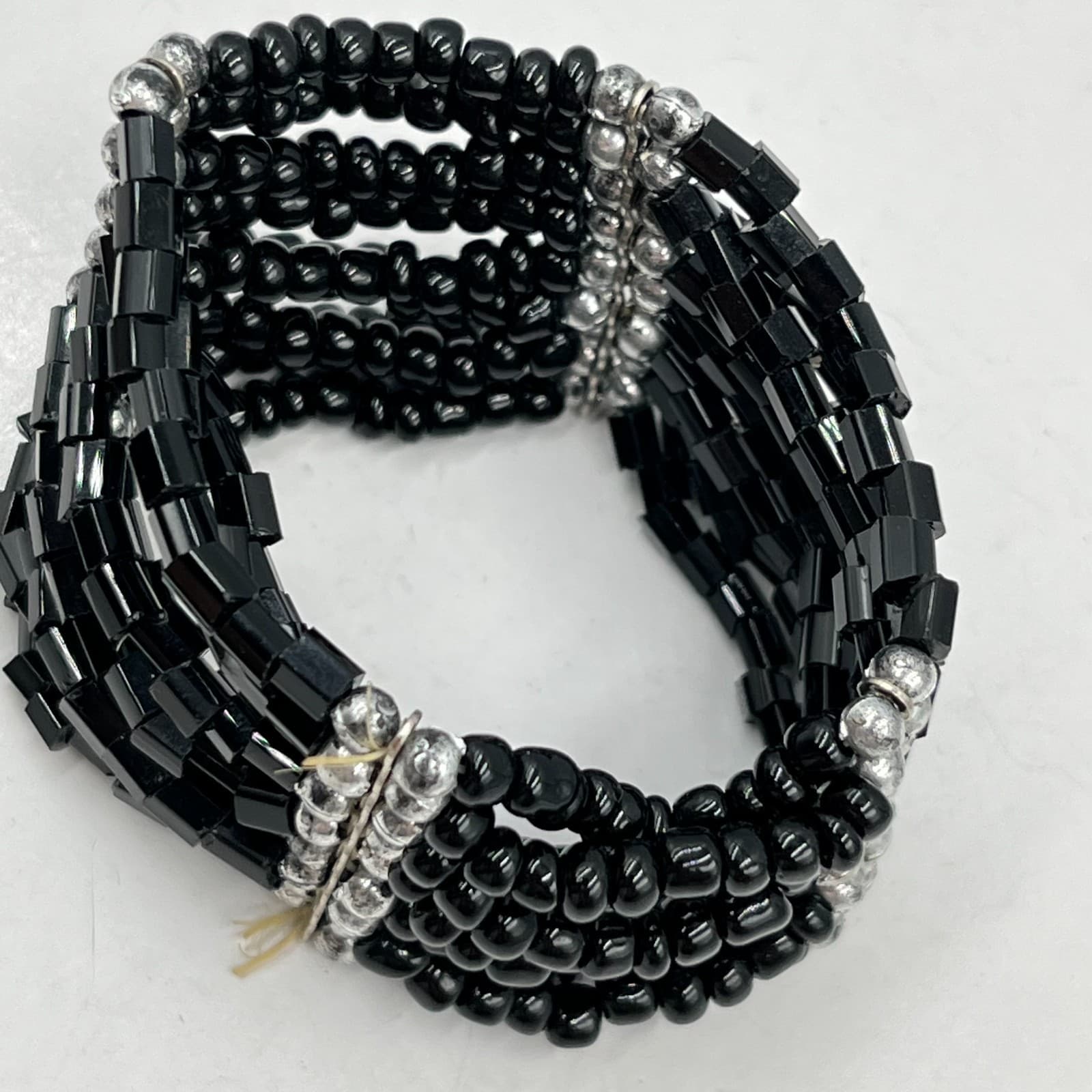 Vintage Multi-Strand Black Seed & Bugle Bead Stretch Cuff Bracelet Silver Accent - Thumbnail 5