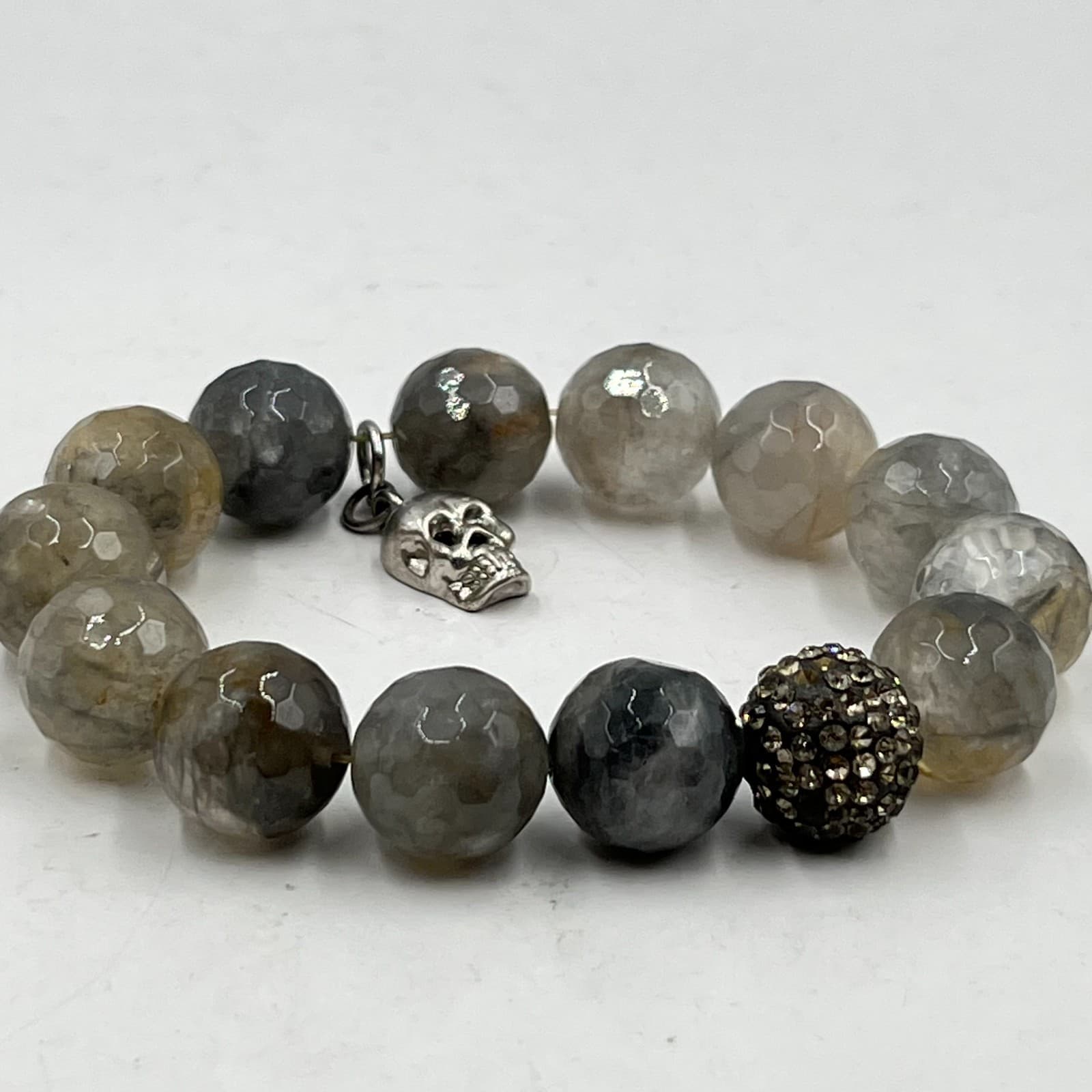 Vintage Gothic Skull Charm Stretch Bracelet Gray Agate Style Beads Rhinestone - Thumbnail 4