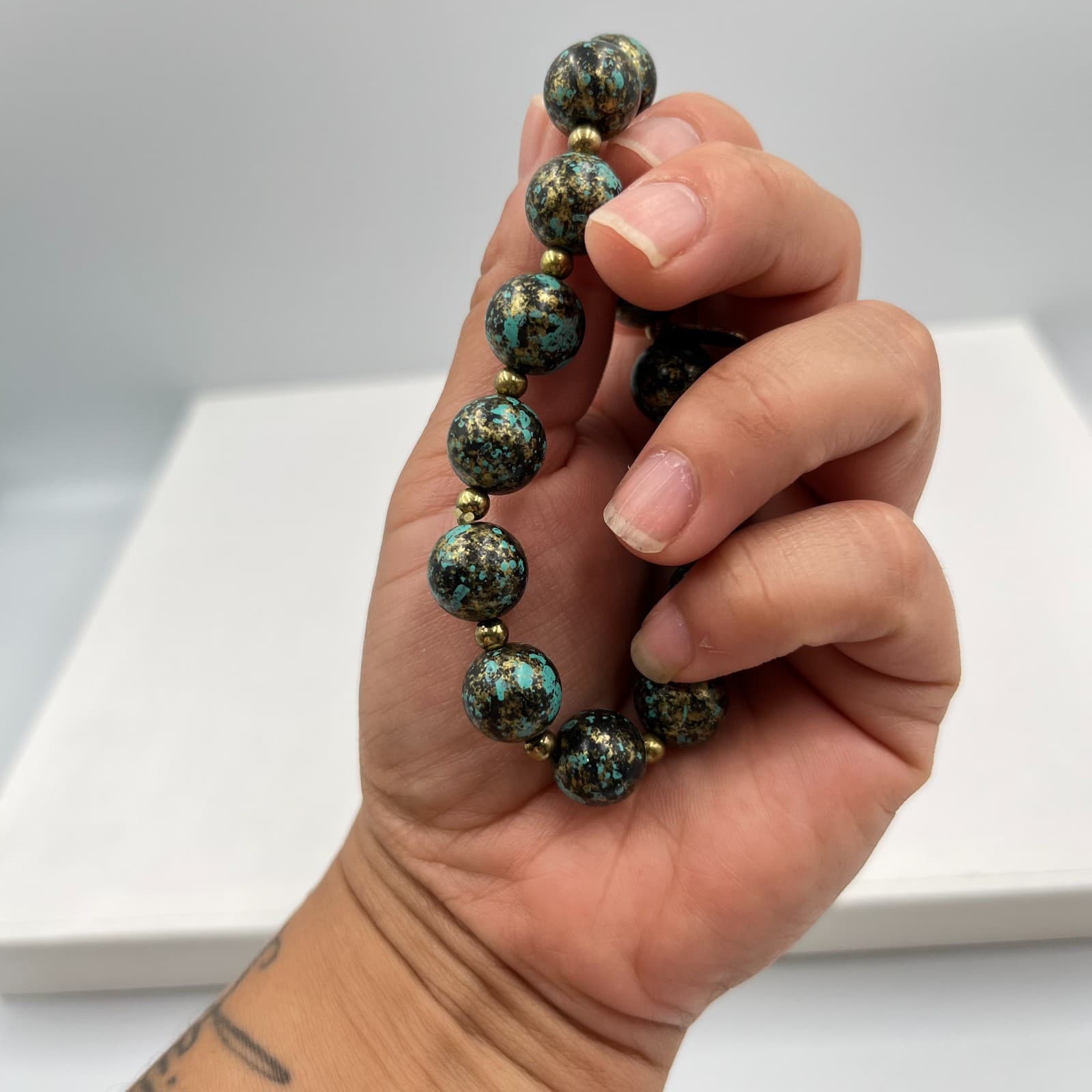 Vintage Treska Boho Stretch Bracelet Marbled Blue Gold Speckled Beaded Classic - Thumbnail 4