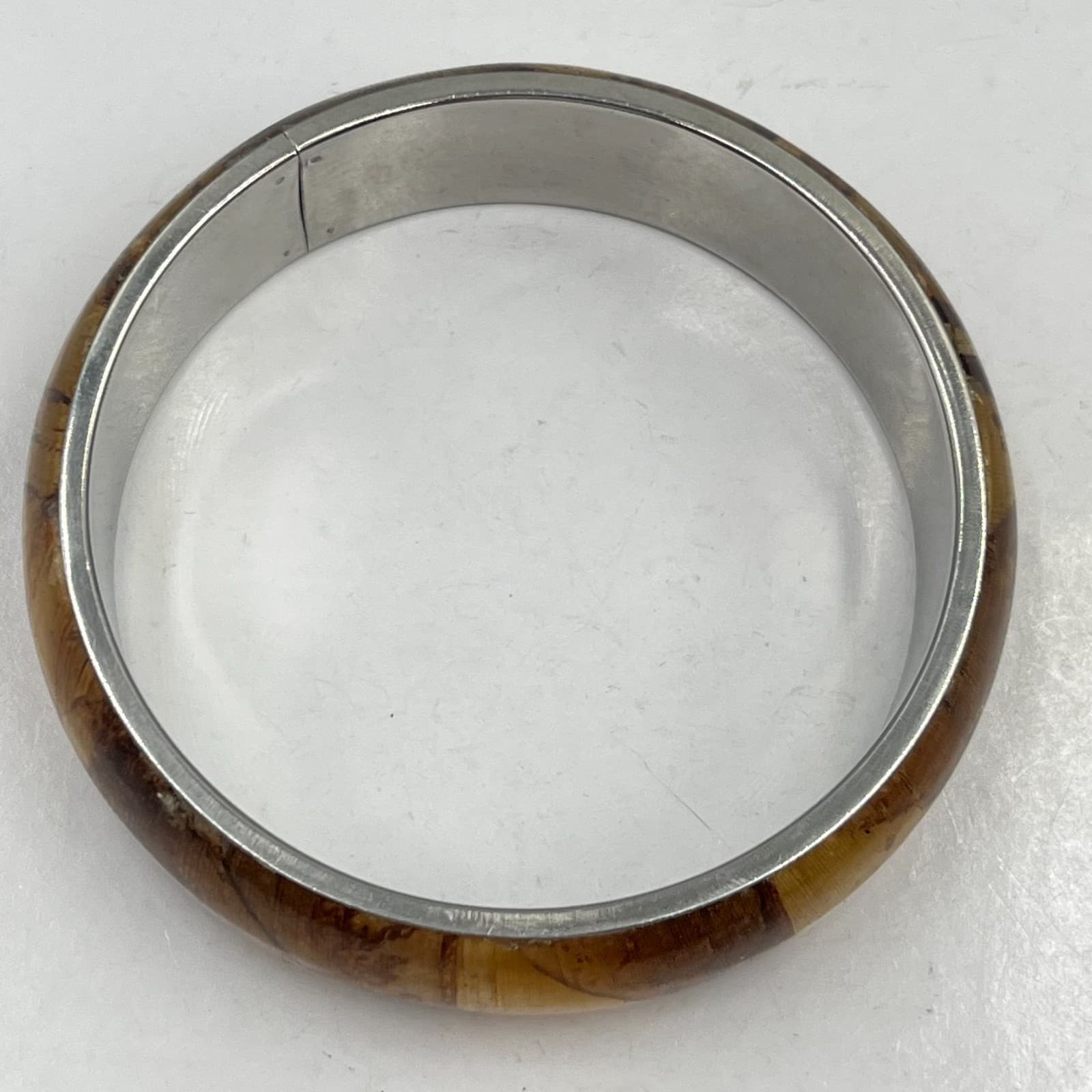 VTG Boho Faux Burl Wood & Silver Tone Bangle Bracelet Retro Statement Classic - Thumbnail 2