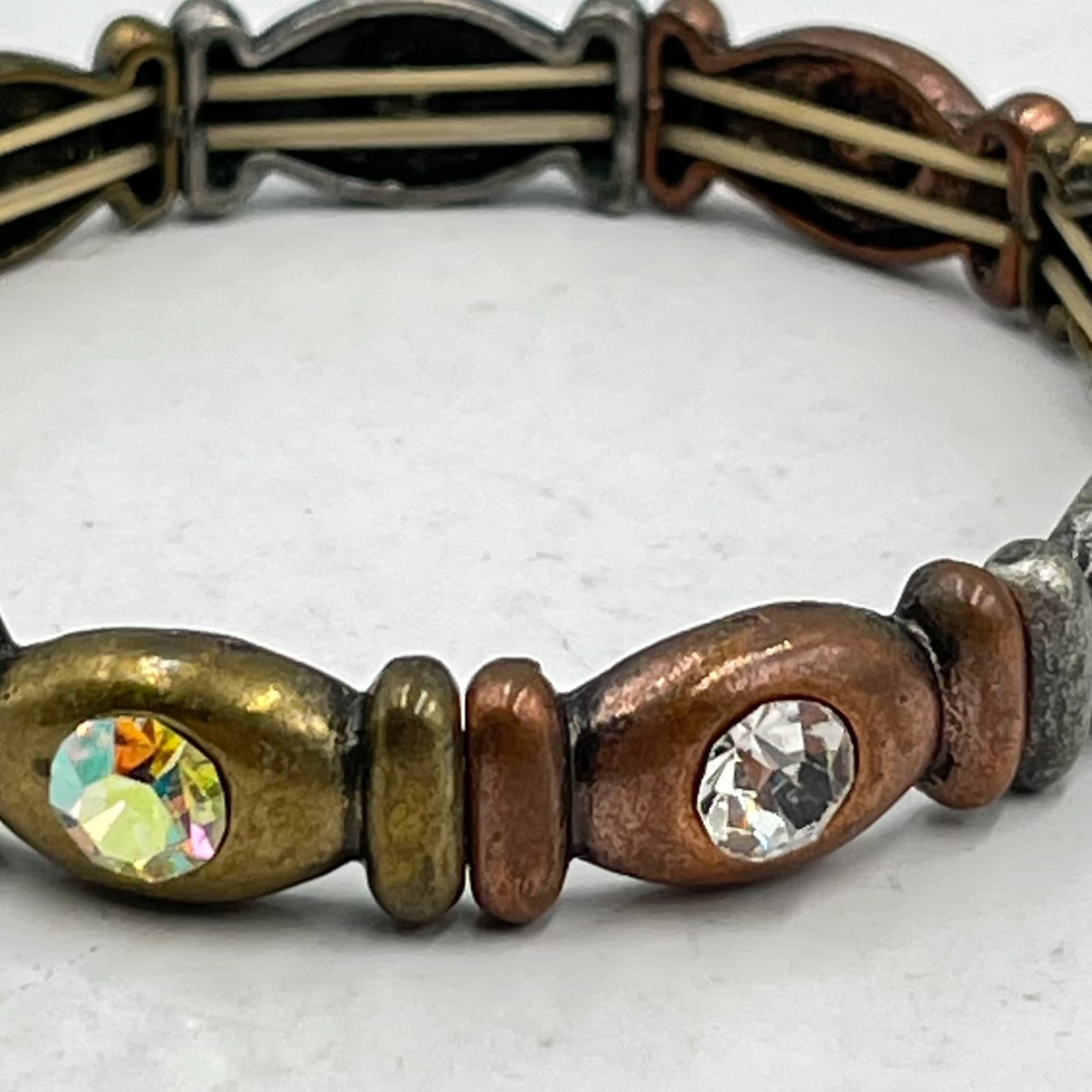 Vintage Mixed Metal Faceted AB Rhinestone Stretch Bracelet Boho Industrial - Thumbnail 3