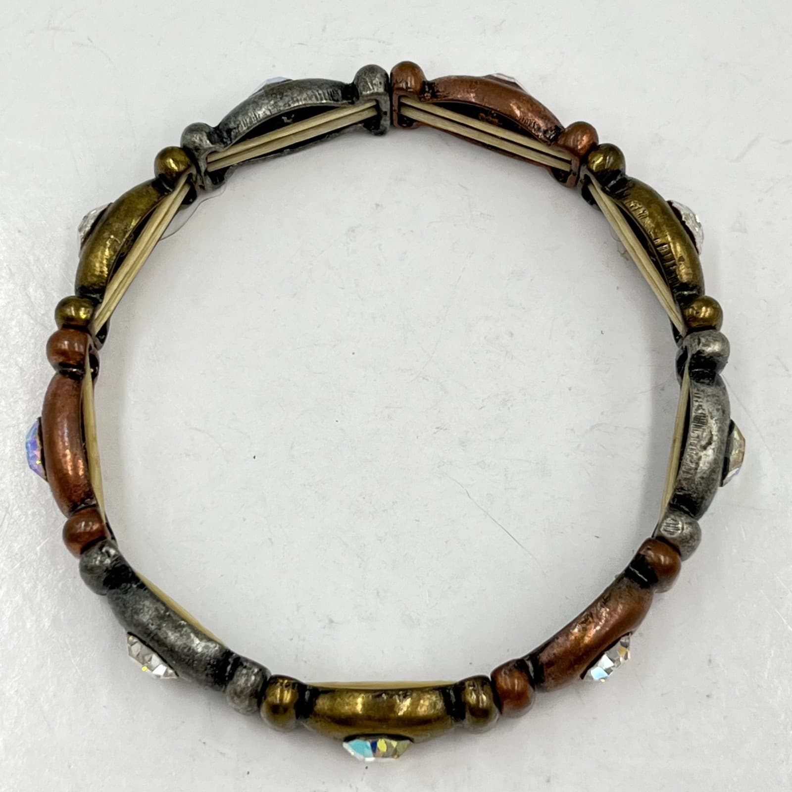 Vintage Mixed Metal Faceted AB Rhinestone Stretch Bracelet Boho Industrial - Thumbnail 2