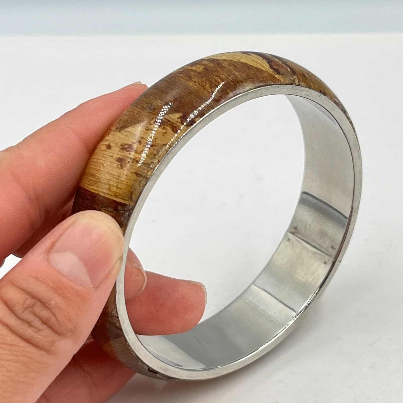 VTG Boho Faux Burl Wood & Silver Tone Bangle Bracelet Retro Statement Classic - Thumbnail 4