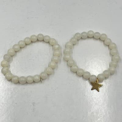 Vintage White Beaded Stretch Bracelet Duo Set Gold Tone Star Charm Y2K Boho - Thumbnail 5