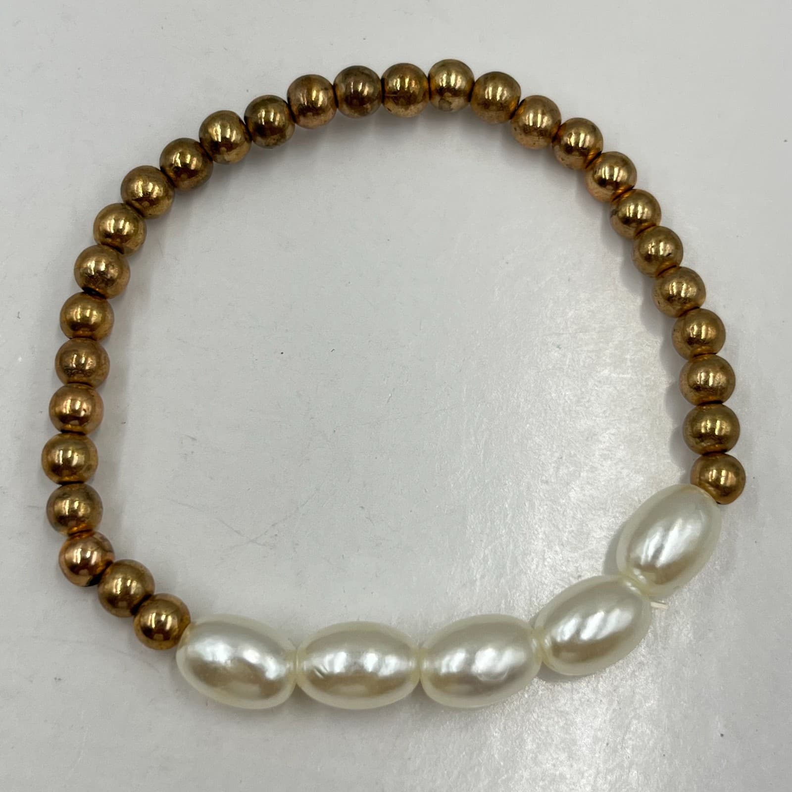 Vintage Retro Gold Bead & Faux Pearl Stretch Bracelet Stack Set 6pc Mixed Lot - Thumbnail 2