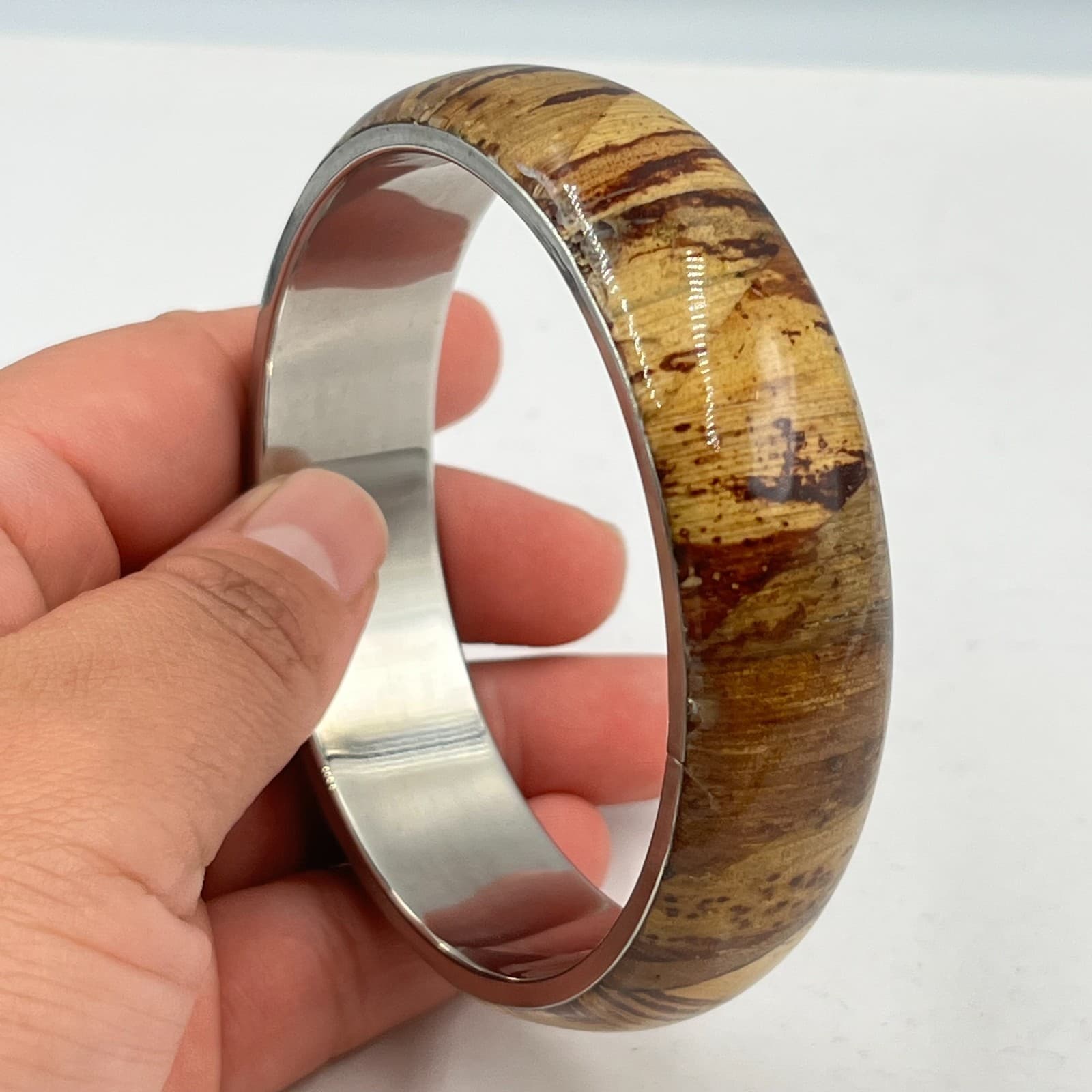 VTG Boho Faux Burl Wood & Silver Tone Bangle Bracelet Retro Statement Classic - Thumbnail 6