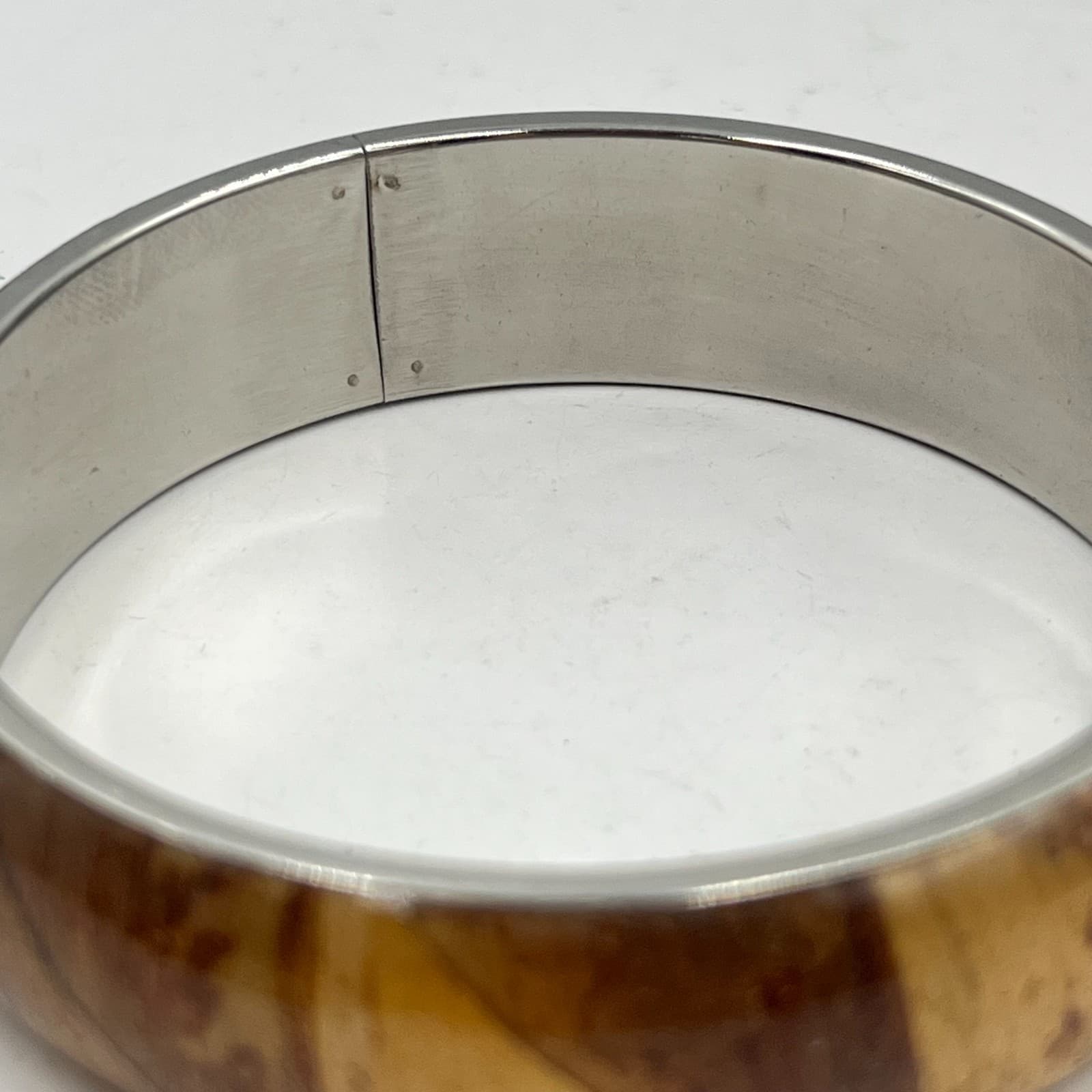 VTG Boho Faux Burl Wood & Silver Tone Bangle Bracelet Retro Statement Classic - Thumbnail 3