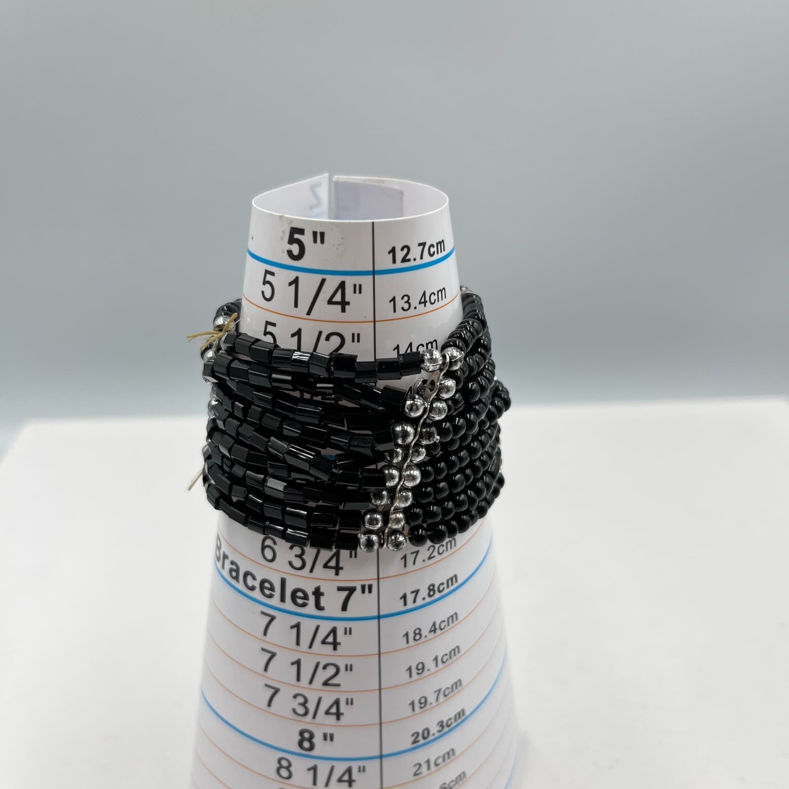 Vintage Multi-Strand Black Seed & Bugle Bead Stretch Cuff Bracelet Silver Accent - Thumbnail 6